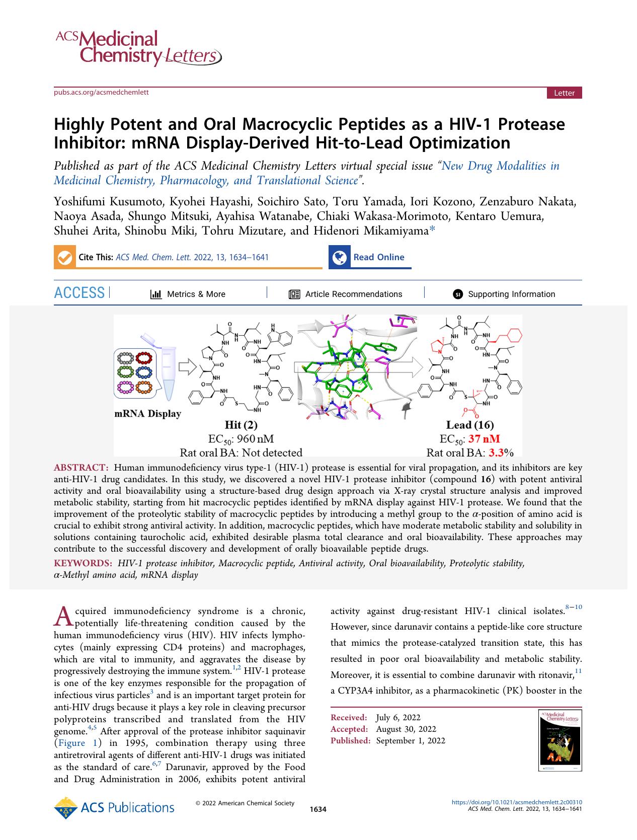 Highly Potent and Oral Macrocyclic Peptides as a HIV-1 Protease Inhibitor: mRNA Display-Derived Hit-to-Lead Optimization by unknow