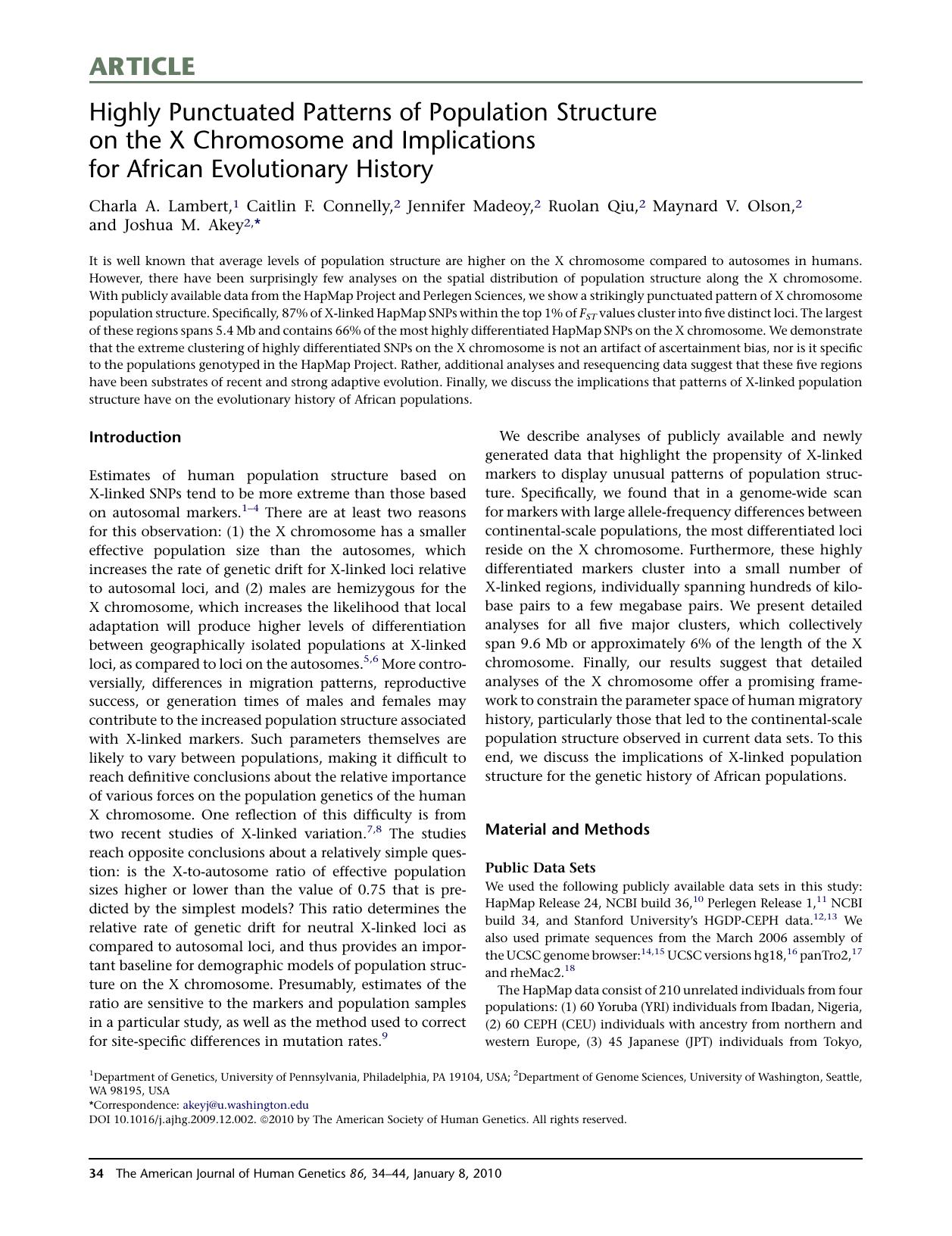 Highly Punctuated Patterns of Population Structure on the X Chromosome and Implications for African Evolutionary History by unknow
