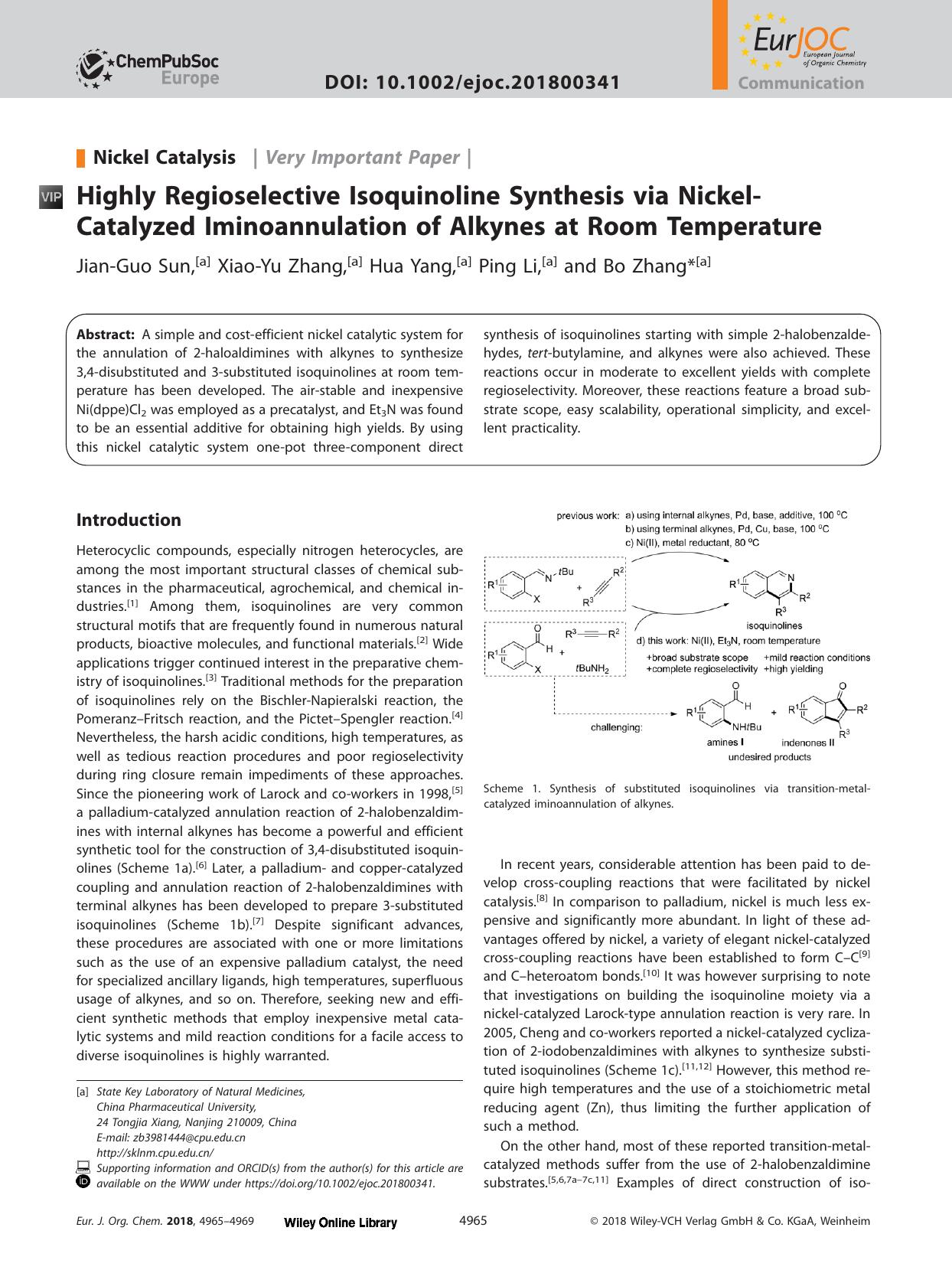 Highly Regioselective Isoquinoline Synthesis via Nickel&#x02010;Catalyzed Iminoannulation of Alkynes at Room Temperature by Unknown