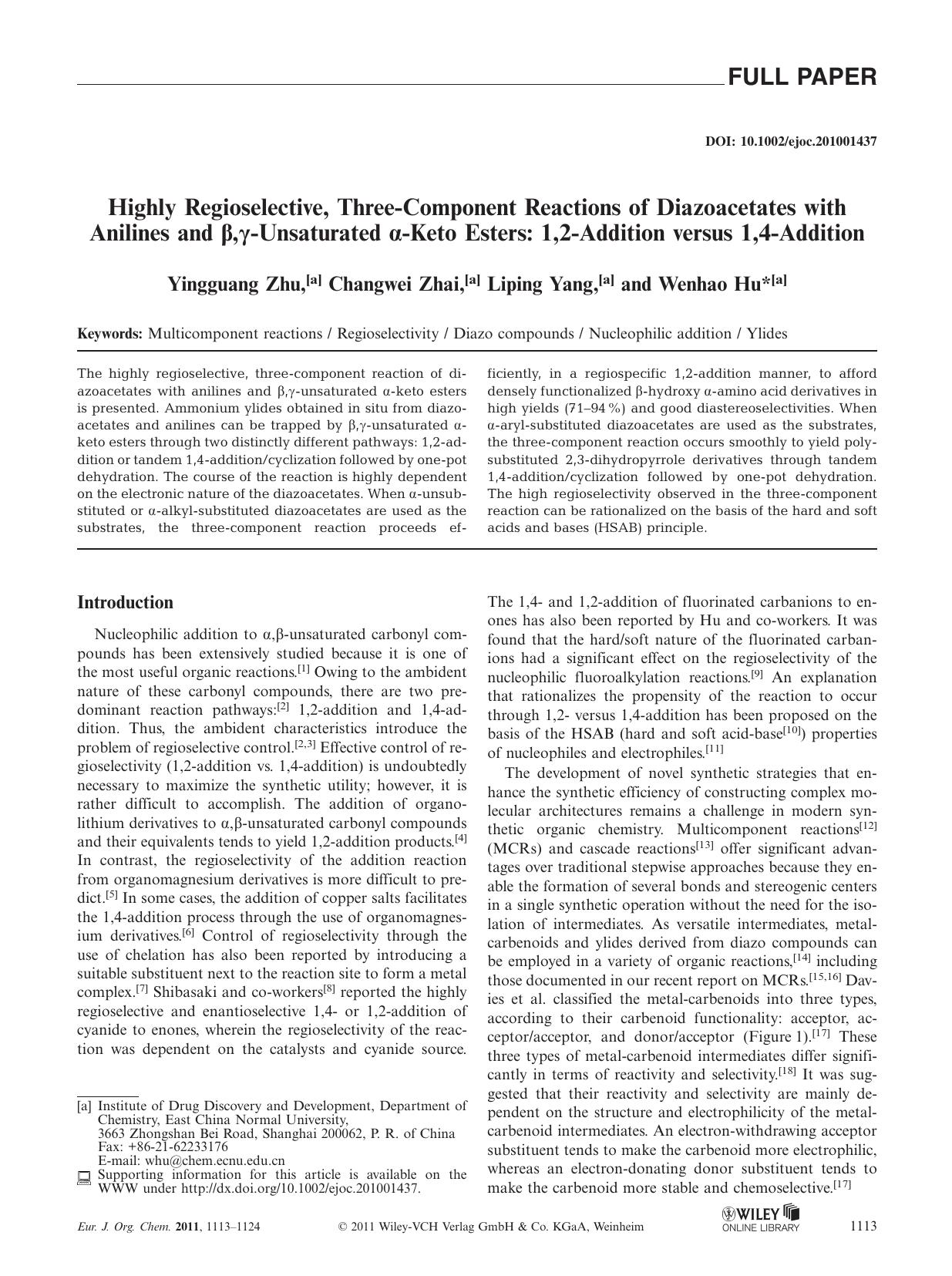 Highly Regioselective, ThreeComponent Reactions of Diazoacetates with Anilines and ,Unsaturated Keto Esters: 1,2Addition versus 1,4Addition by Unknown