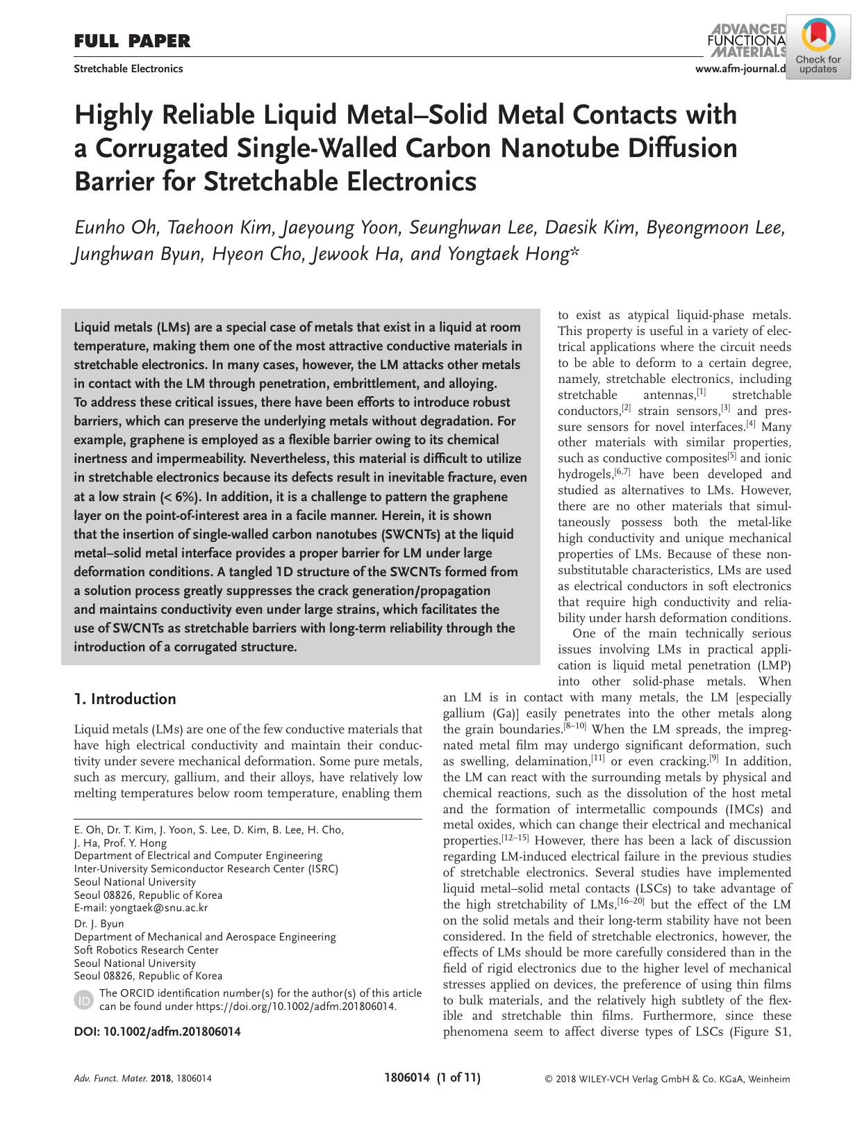 Highly Reliable Liquid MetalâSolid Metal Contacts with a Corrugated SingleâWalled Carbon Nanotube Diffusion Barrier for Stretchable Electronics by Unknown