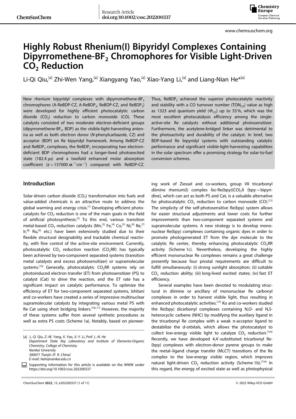 Highly Robust Rhenium(I) Bipyridyl Complexes Containing DipyrrometheneâBF2 Chromophores for Visible LightâDriven CO2 Reduction by Unknown