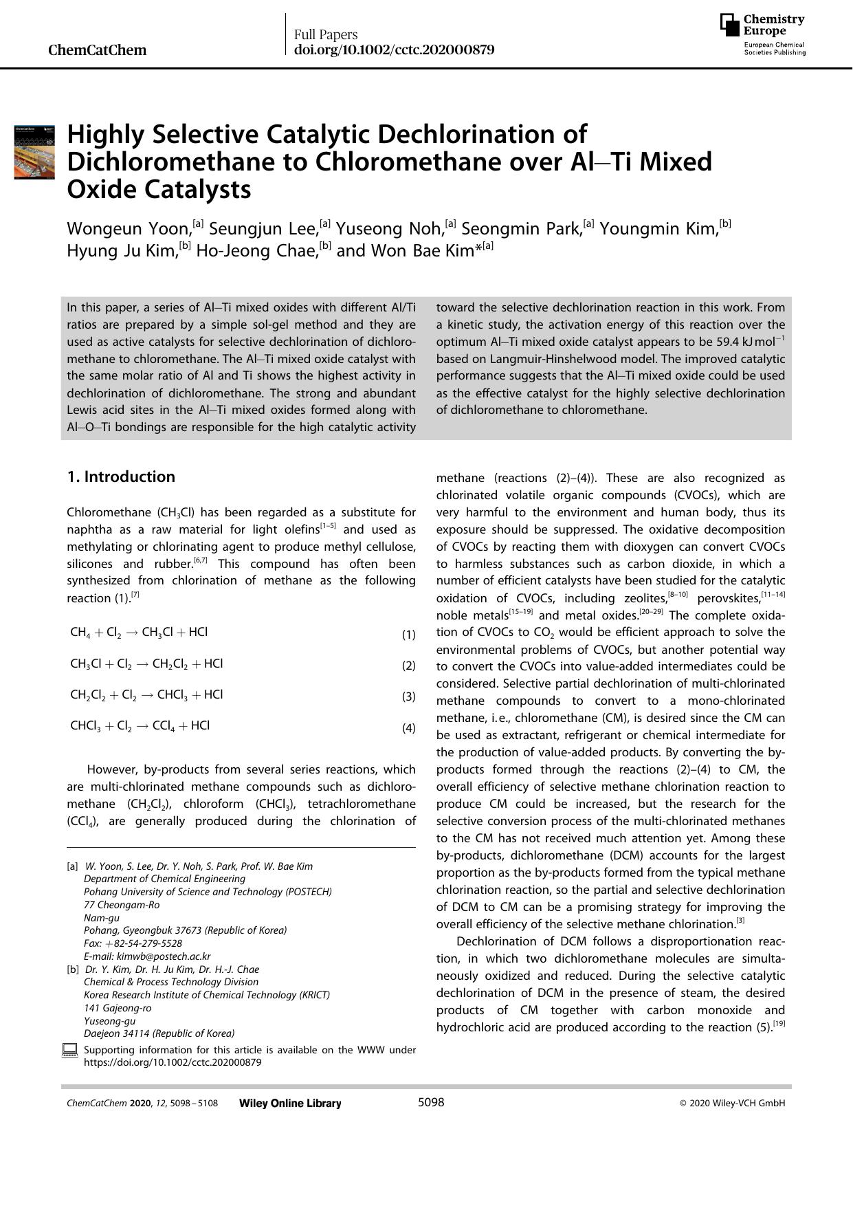 Highly Selective Catalytic Dechlorination of Dichloromethane to Chloromethane over AlâTi Mixed Oxide Catalysts by Unknown