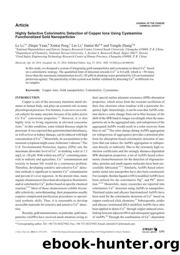 Highly Selective Colorimetric Detection of Copper Ions Using Cysteamine Functionalized Gold Nanoparticles by Unknown
