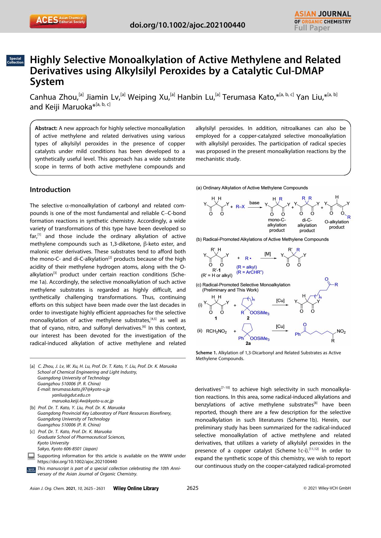 Highly Selective Monoalkylation of Active Methylene and Related Derivatives using Alkylsilyl Peroxides by a Catalytic CuIâDMAP System by Unknown
