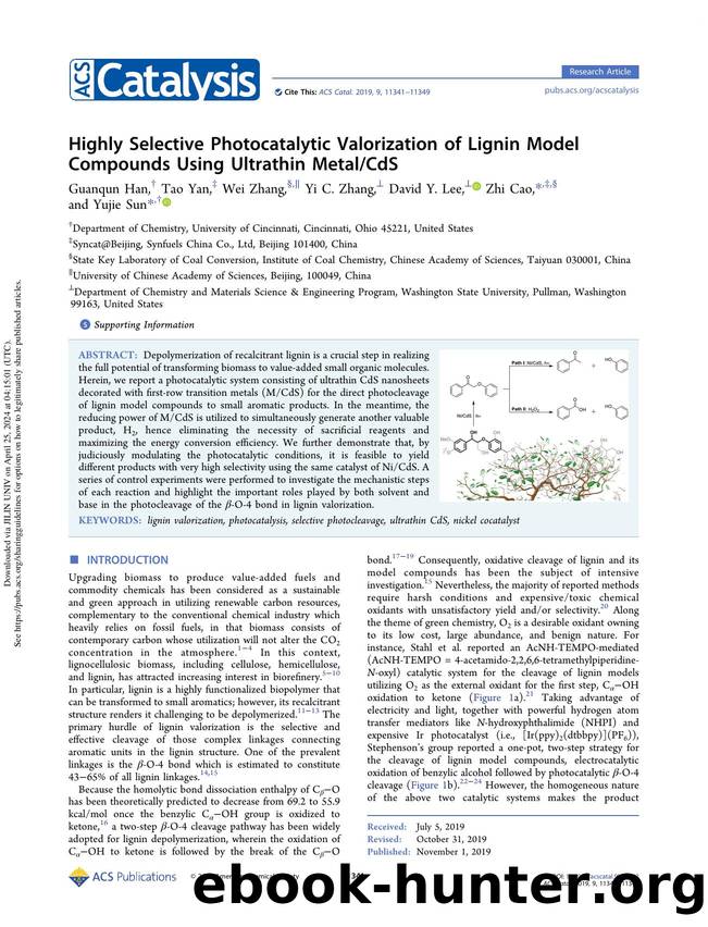 Highly Selective Photocatalytic Valorization of Lignin Model Compounds Using Ultrathin MetalCdS by Guanqun Han Tao Yan Wei Zhang Yi C. Zhang David Y. Lee Zhi Cao & Yujie Sun