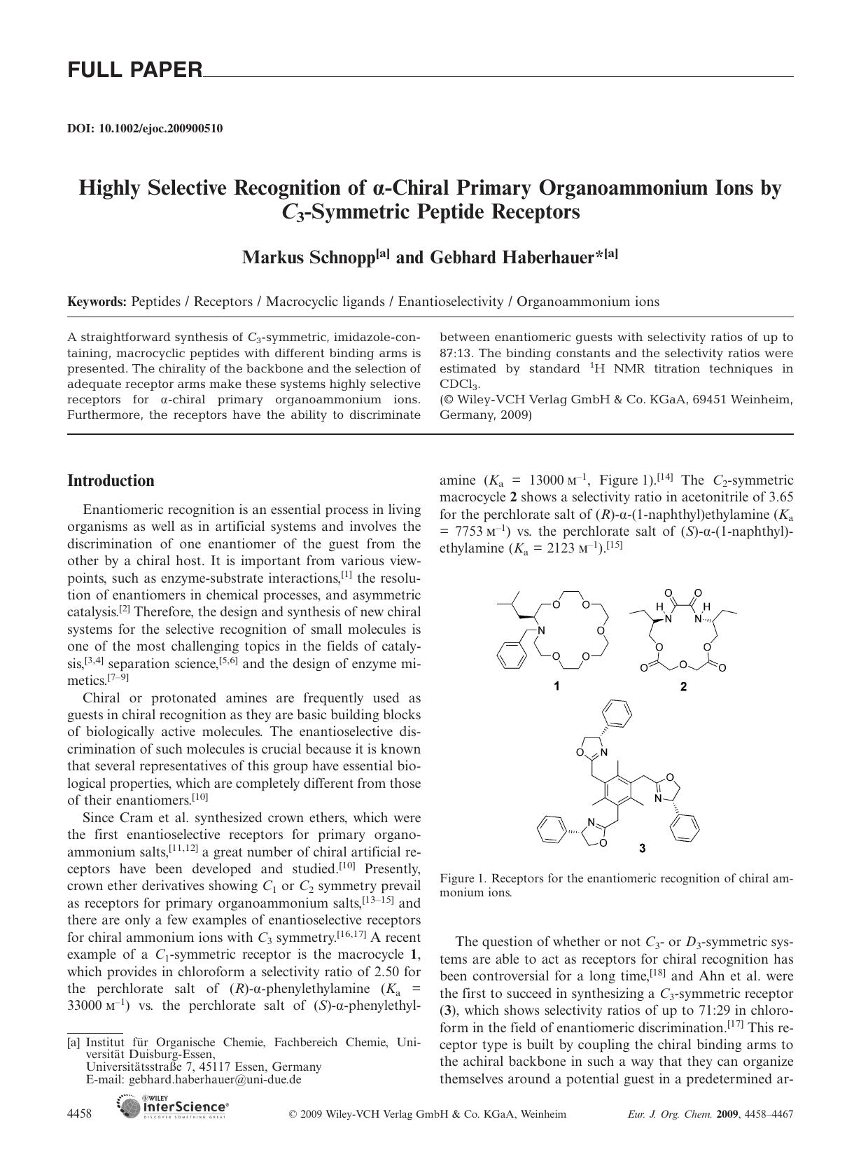 Highly Selective Recognition of [alpha]-Chiral Primary Organoammonium Ions by C3-Symmetric Peptide Receptors by Unknown