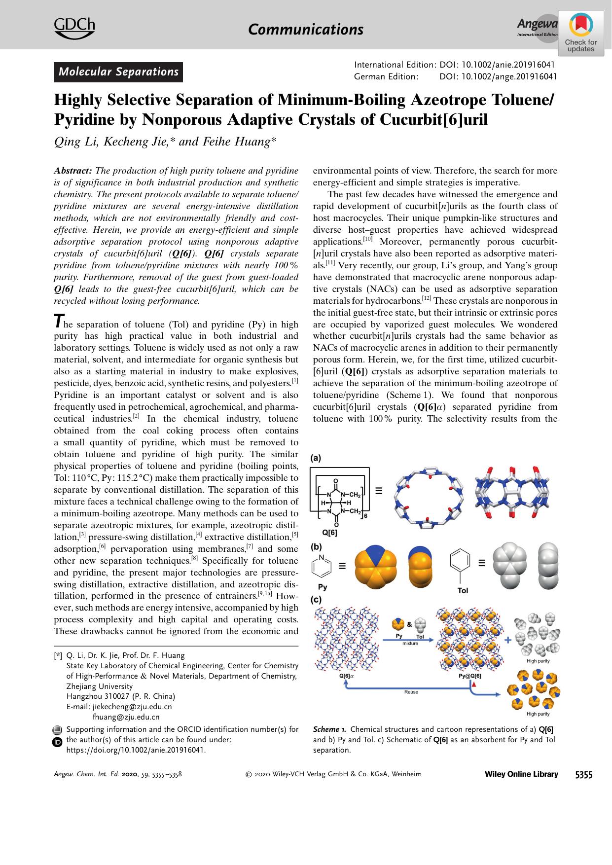 Highly Selective Separation of MinimumâBoiling Azeotrope ToluenePyridine by Nonporous Adaptive Crystals of Cucurbit[6]uril by Unknown