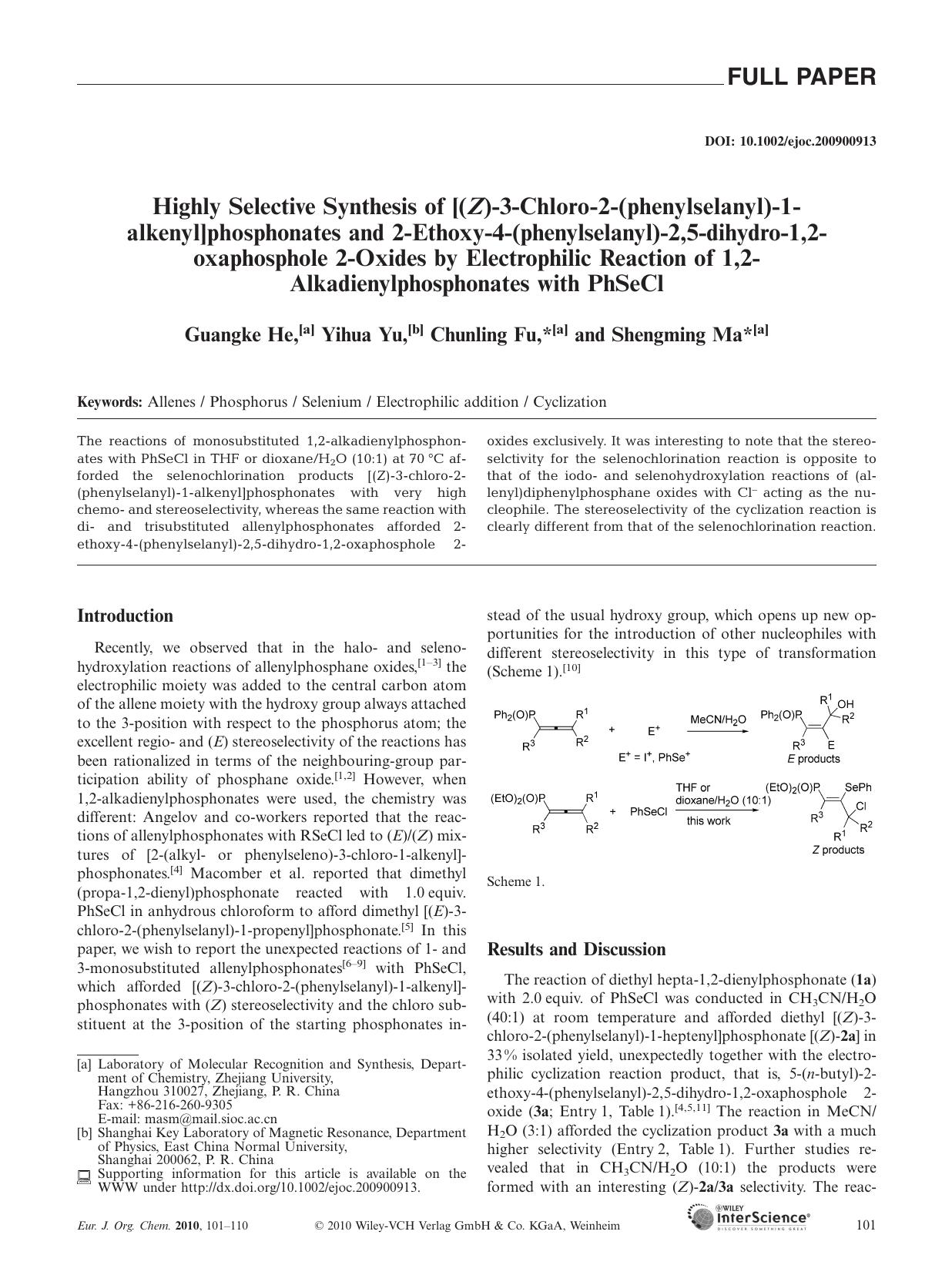 Highly Selective Synthesis of [(Z)-3-Chloro-2-(phenylselanyl)-1-alkenyl]phosphonates and 2-Ethoxy-4-(phenylselanyl)-2,5-dihydro-1,2-oxaphosphole 2-Oxides by Electrophilic Reaction by Unknown
