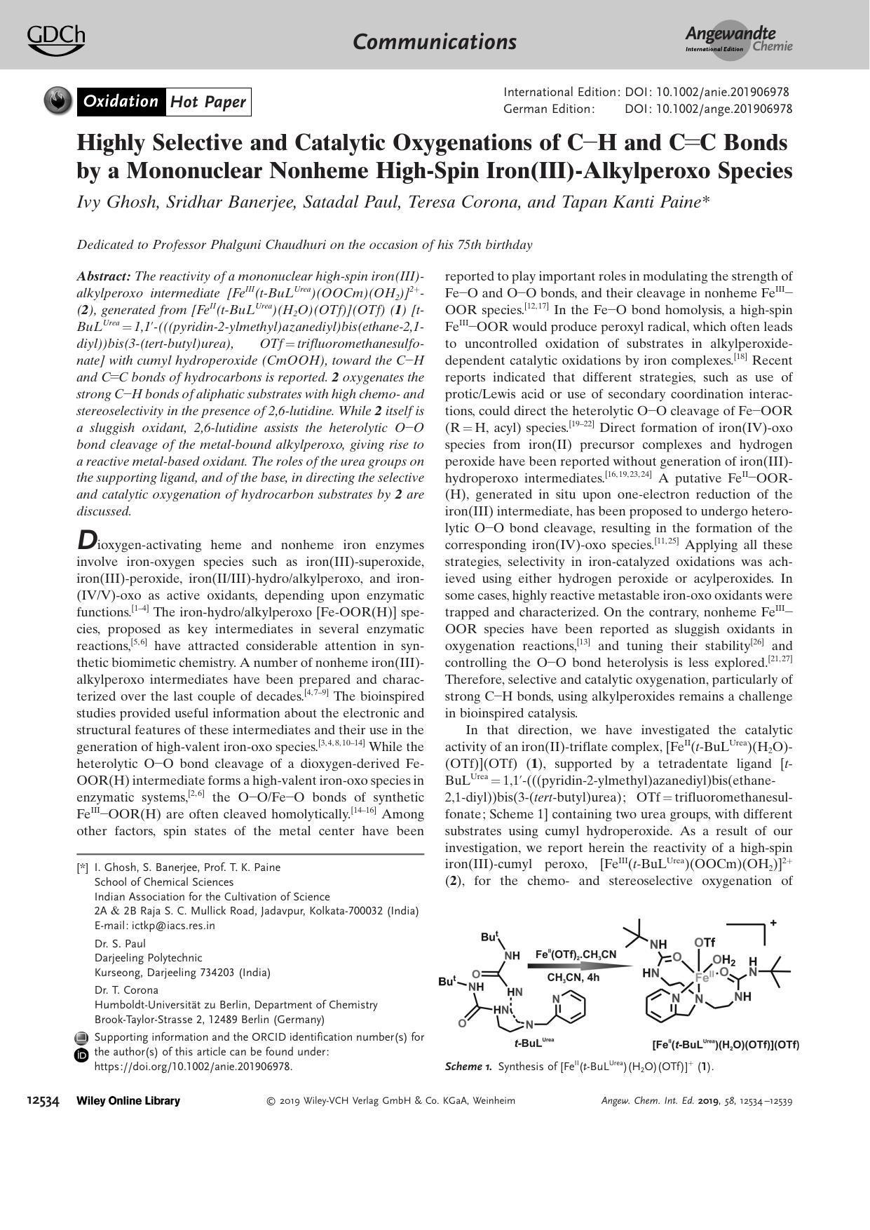Highly Selective and Catalytic Oxygenations of CâH and C=C Bonds by a Mononuclear Nonheme HighâSpin Iron(III)âAlkylperoxo Species by Unknown