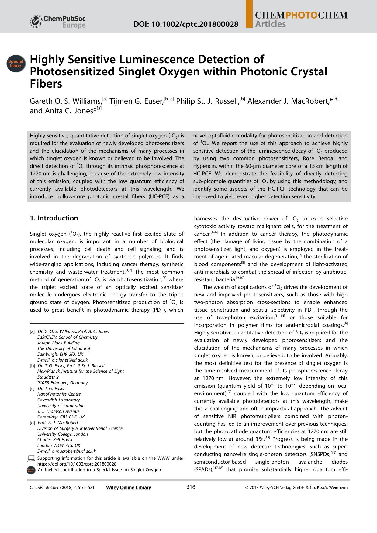 Highly Sensitive Luminescence Detection of Photosensitized Singlet Oxygen within Photonic Crystal Fibers by Unknown