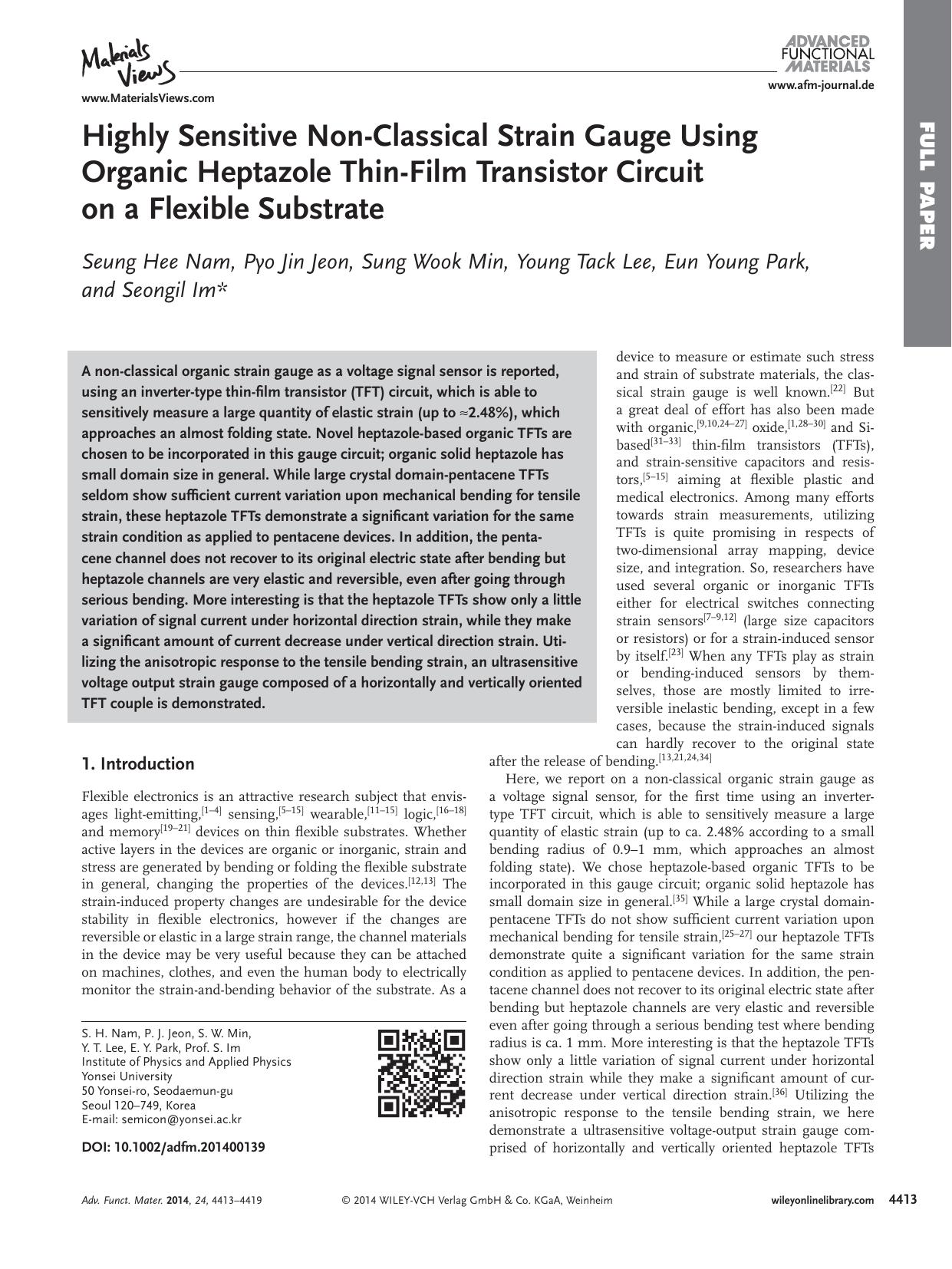 Highly Sensitive NonClassical Strain Gauge Using Organic Heptazole ThinFilm Transistor Circuit on a Flexible Substrate by processteam