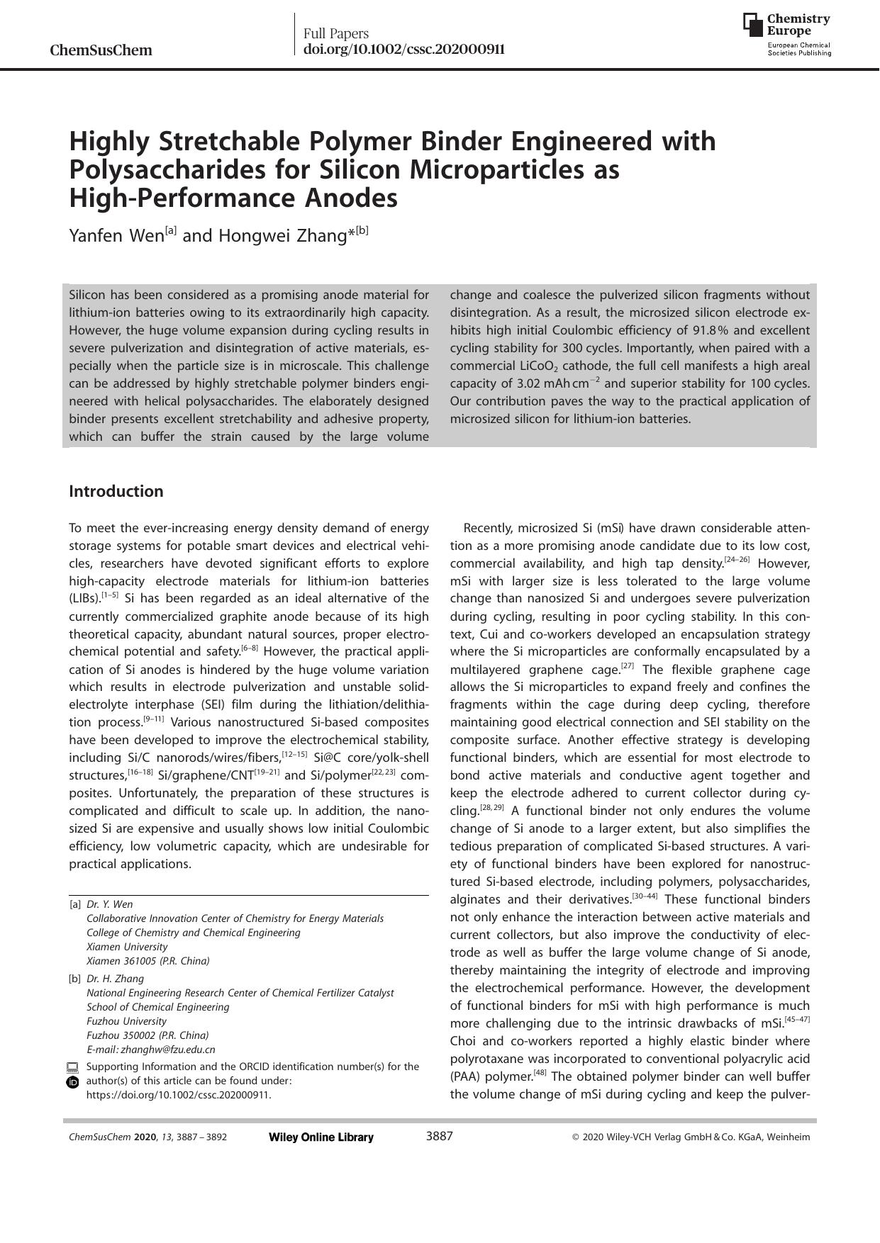 Highly Stretchable Polymer Binder Engineered with Polysaccharides for Silicon Microparticles as HighâPerformance Anodes by Unknown