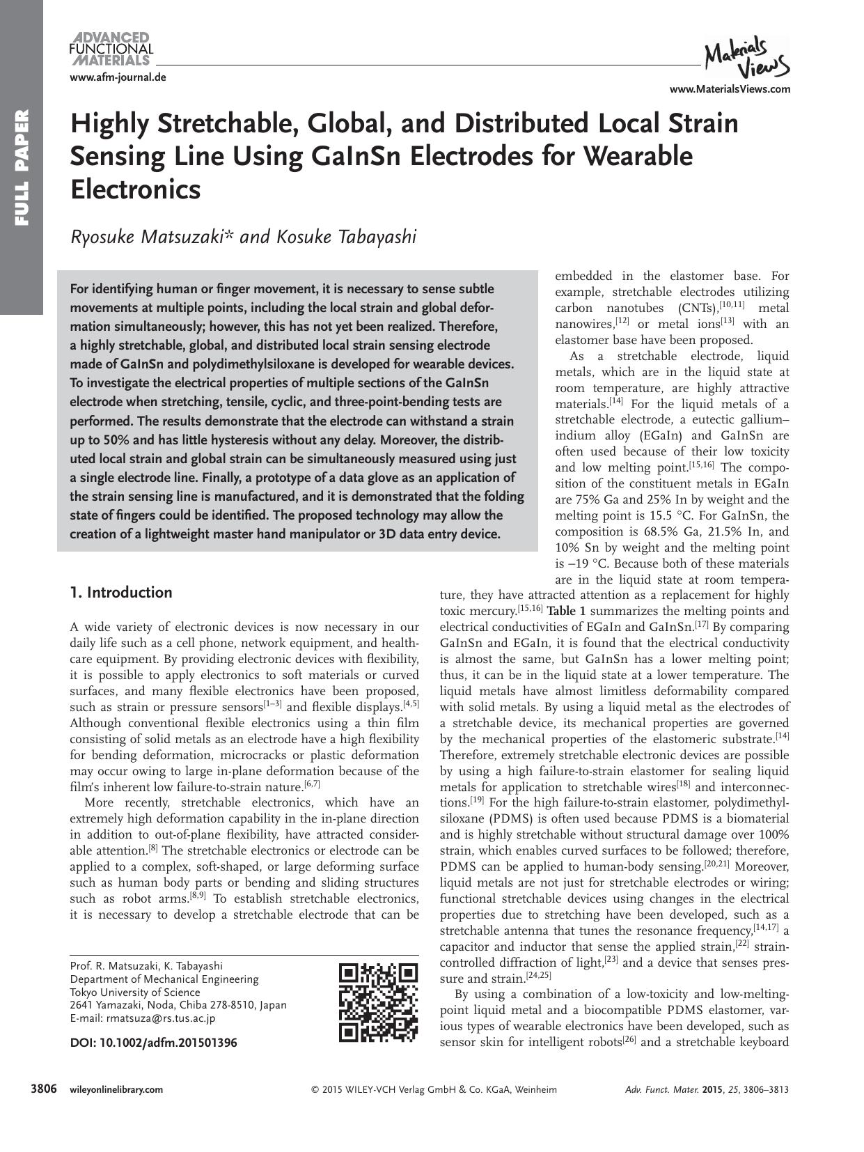 Highly Stretchable, Global, and Distributed Local Strain Sensing Line Using GaInSn Electrodes for Wearable Electronics by Unknown