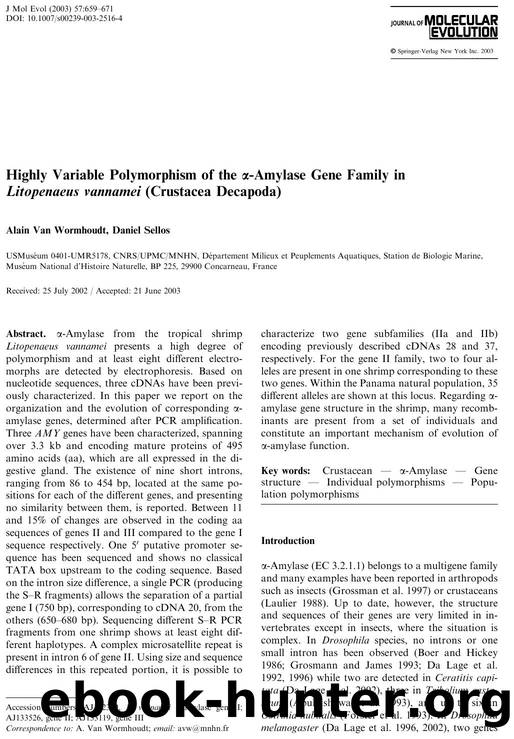 Highly Variable Polymorphism of the a-Amylase Gene Family in Litopenaeus vannamei (Crustacea Decapoda) by Van Wormhoudt A. et al