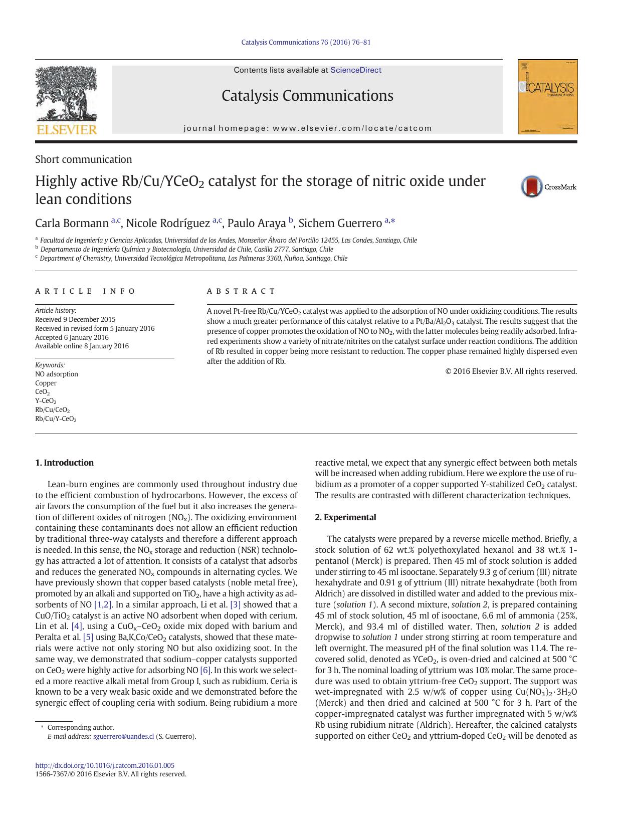 Highly active RbCuYCeO2 catalyst for the storage of nitric oxide under lean conditions by Carla Bormann & Nicole Rodríguez & Paulo Araya & Sichem Guerrero