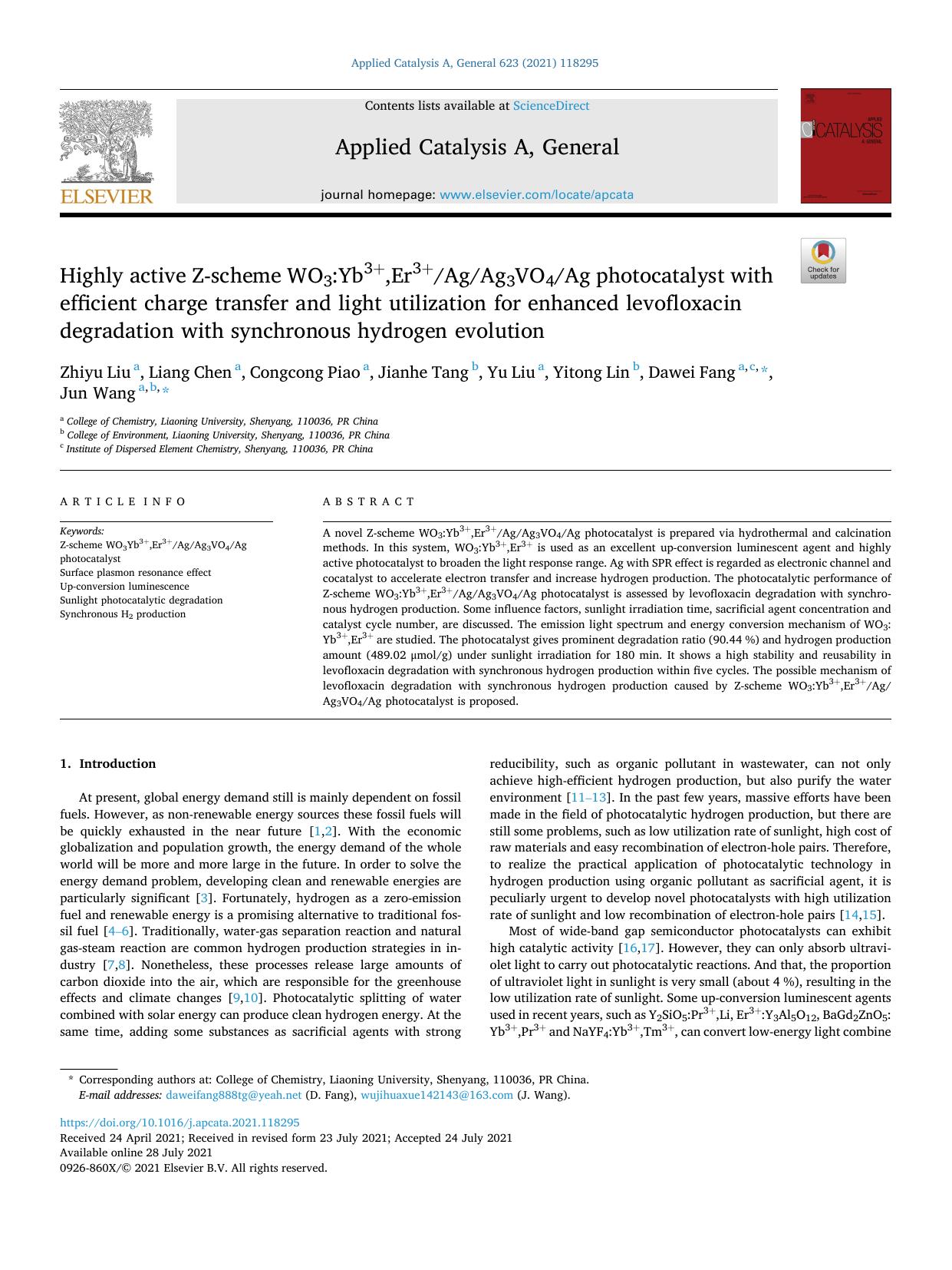 Highly active Z-scheme WO3:Yb3+,Er3+AgAg3VO4Ag photocatalyst with efficient charge transfer and light utilization for enhanced levofloxacin degradation with synchronous hydrogen evolution by Zhiyu Liu & Liang Chen & Congcong Piao & Jianhe Tang & Yu Liu & Yitong Lin & Dawei Fang & Jun Wang
