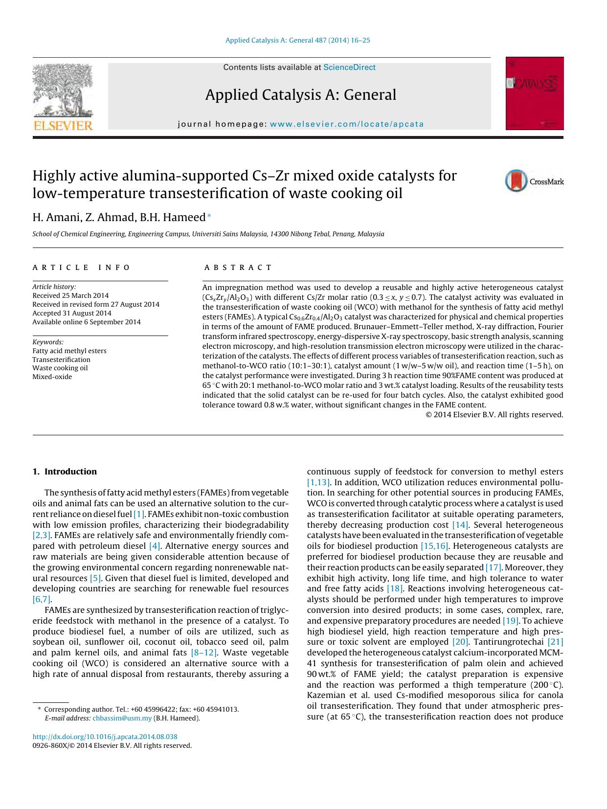 Highly active alumina-supported CsâZr mixed oxide catalysts for low-temperature transesterification of waste cooking oil by H. Amani & Z. Ahmad & B.H. Hameed