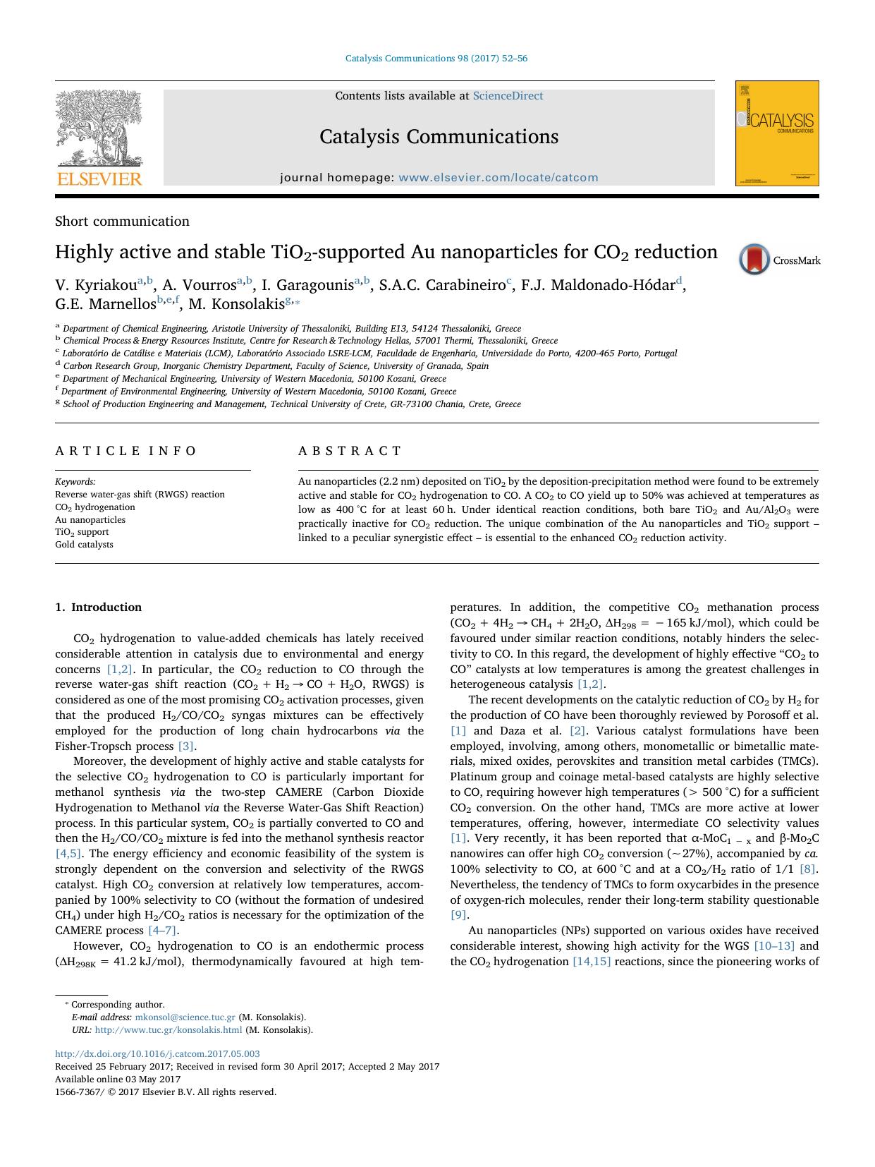 Highly active and stable TiO2-supported Au nanoparticles for CO2 reduction by unknow
