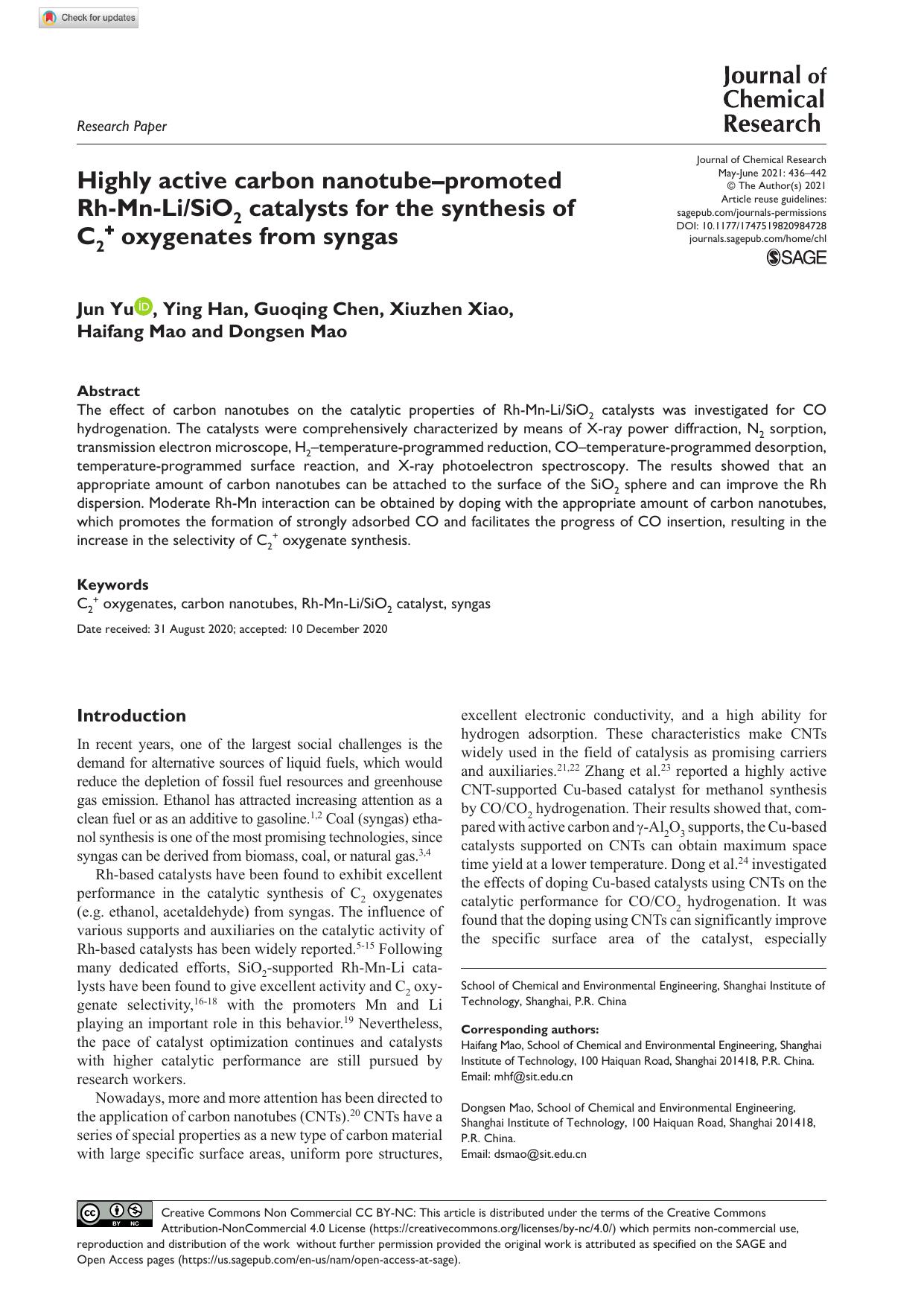 Highly active carbon nanotubeâpromoted Rh-Mn-LiSiO2 catalysts for the synthesis of C2+ oxygenates from syngas by Jun Yu Ying Han Guoqing Chen Xiuzhen Xiao Haifang Mao & Dongsen Mao