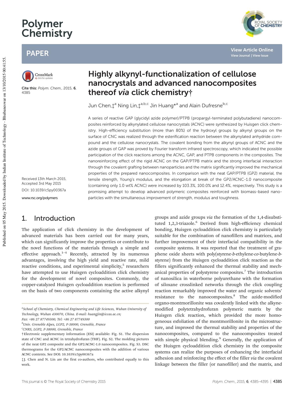 Highly alkynyl-functionalization of cellulose nanocrystals and advanced nanocomposites thereof via click chemistry by Jun Chen Ning Lin Jin Huang Alain Dufresne
