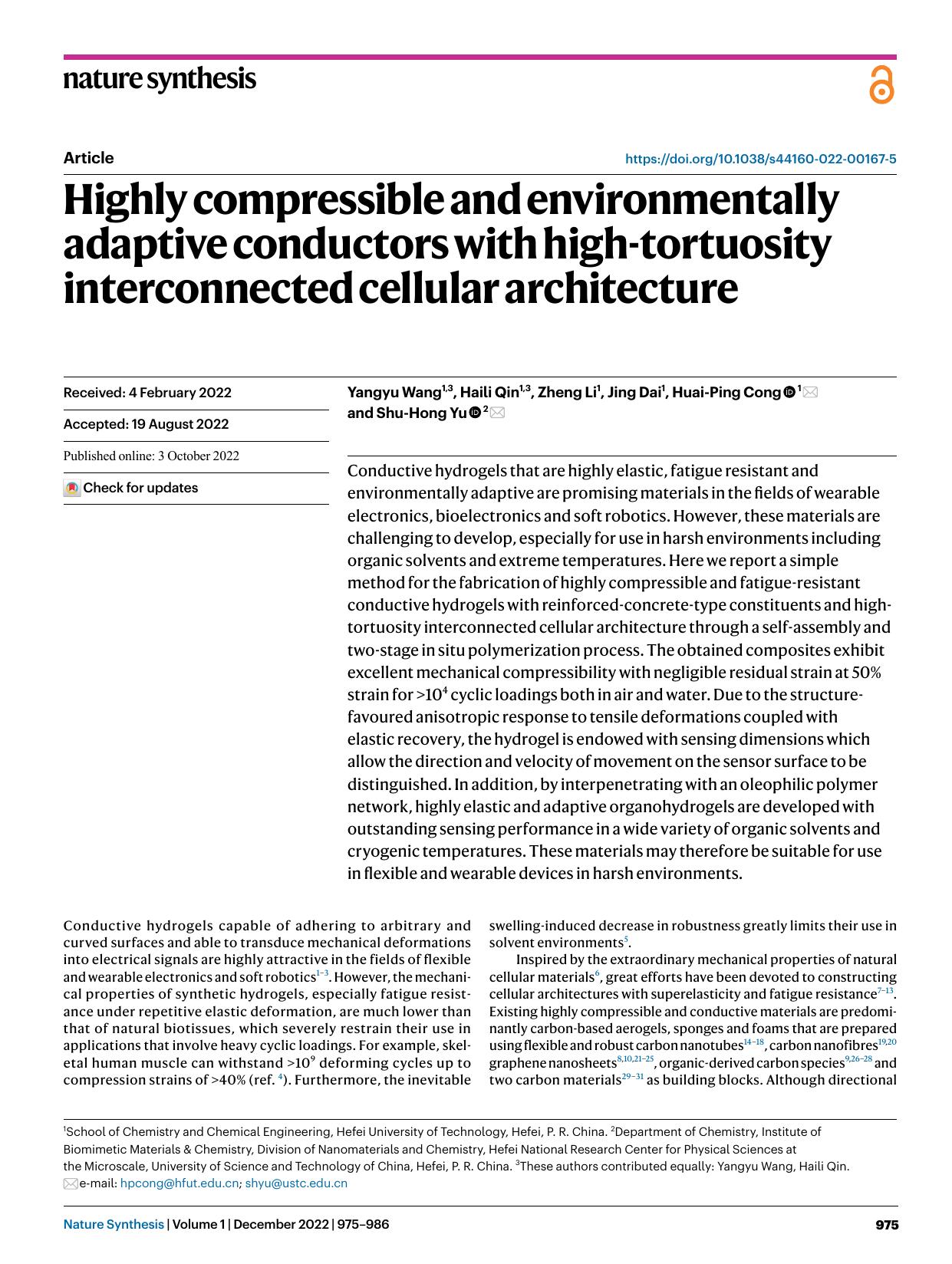 Highly compressible and environmentally adaptive conductors with high-tortuosity interconnected cellular architecture by Yangyu Wang & Haili Qin & Zheng Li & Jing Dai & Huai-Ping Cong & Shu-Hong Yu