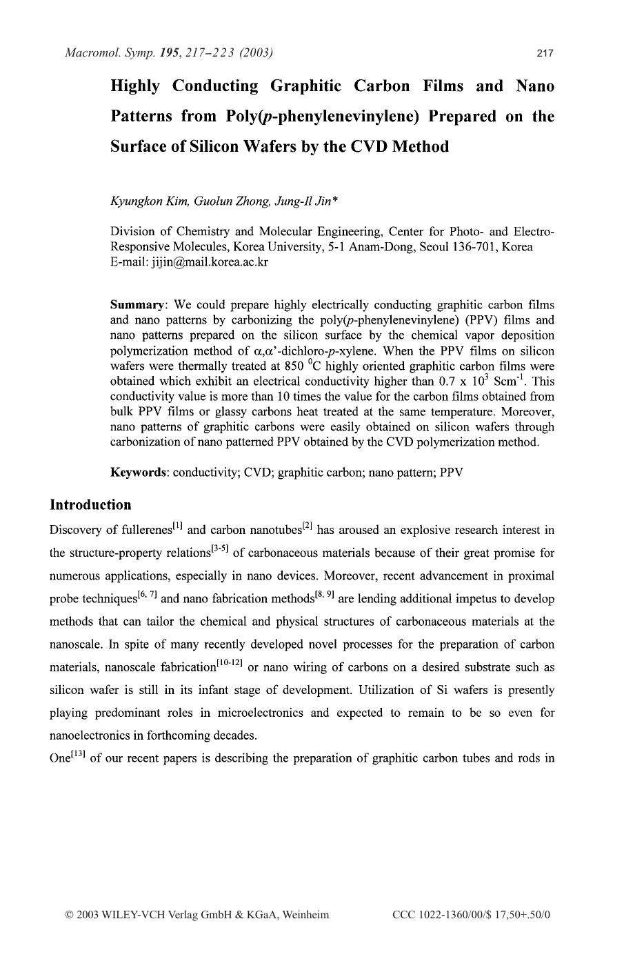 Highly conducting graphitic carbon films and nano patterns from poly(p-phenylenevinylene) prepared on the surface of silicon wafers by the CVD method by Unknown