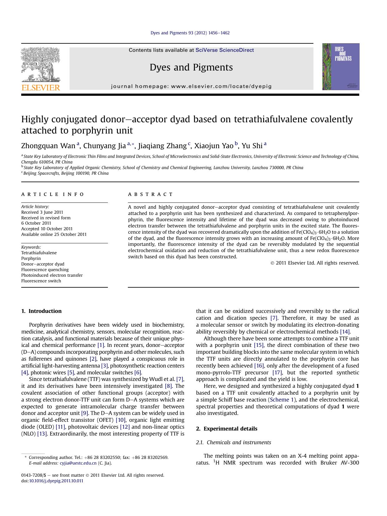 Highly conjugated donor-acceptor dyad based on tetrathiafulvalene covalently attached to porphyrin unit by Zhongquan Wan & Chunyang Jia & Jiaqiang Zhang & Xiaojun Yao & Yu Shi