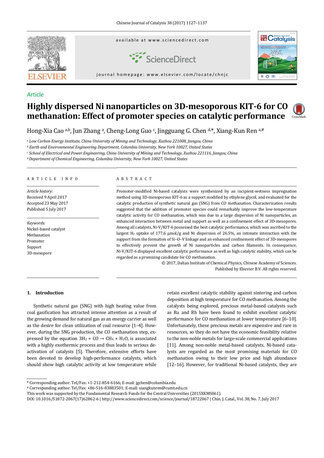 Highly dispersed Ni nanoparticles on 3D-mesoporous KIT-6 for CO methanation: Effect of promoter species on catalytic performance by Hong-Xia Cao & Jun Zhang & Cheng-Long Guo & Jingguang G. Chen & Xiang-Kun Ren