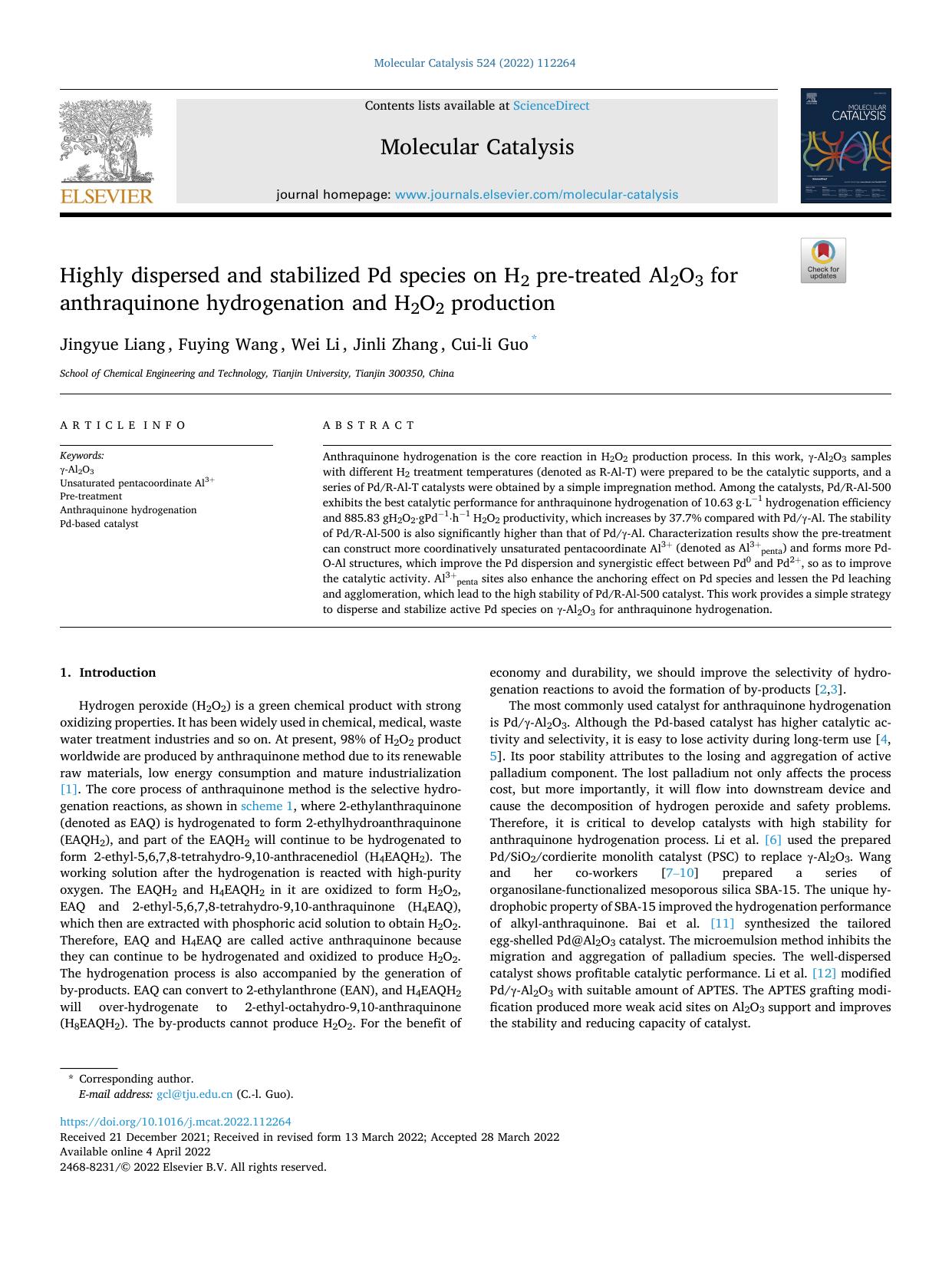 Highly dispersed and stabilized Pd species on H2 pre-treated Al2O3 for anthraquinone hydrogenation and H2O2 production by Jingyue Liang & Fuying Wang & Wei Li & Jinli Zhang & Cui-li Guo