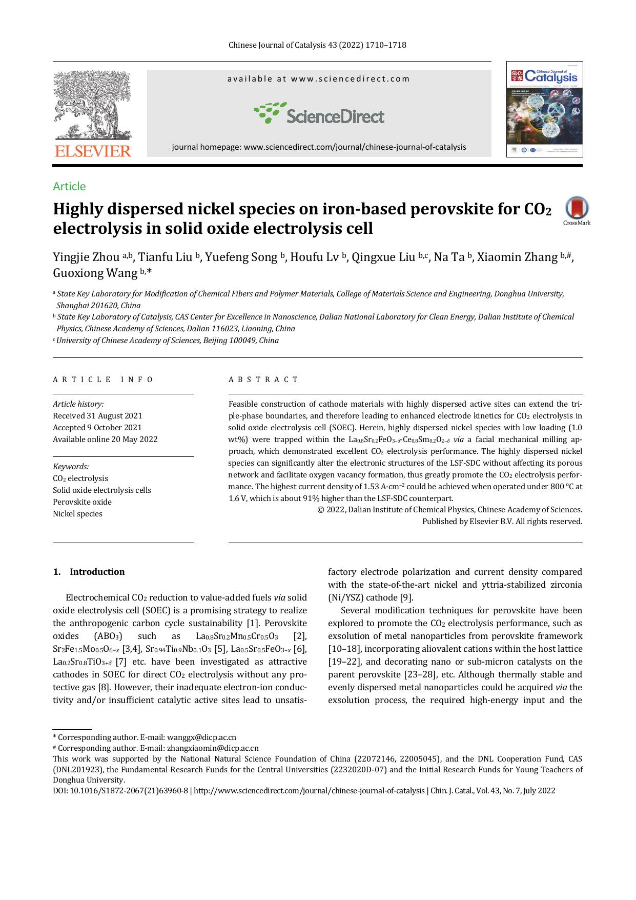 Highly dispersed nickel species on iron-based perovskite for CO2 electrolysis in solid oxide electrolysis cell by unknow