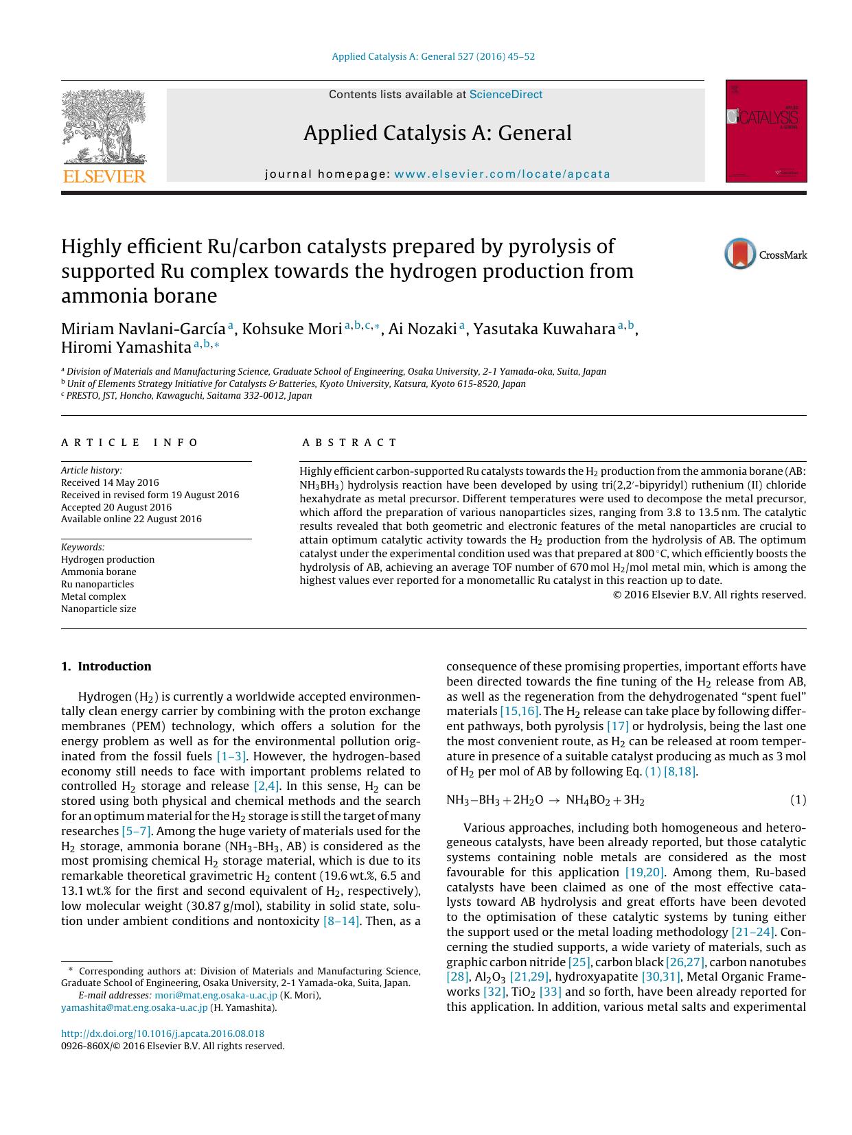 Highly efficient Rucarbon catalysts prepared by pyrolysis of supported Ru complex towards the hydrogen production from ammonia borane by Miriam Navlani-García & Kohsuke Mori & Ai Nozaki & Yasutaka Kuwahara & Hiromi Yamashita