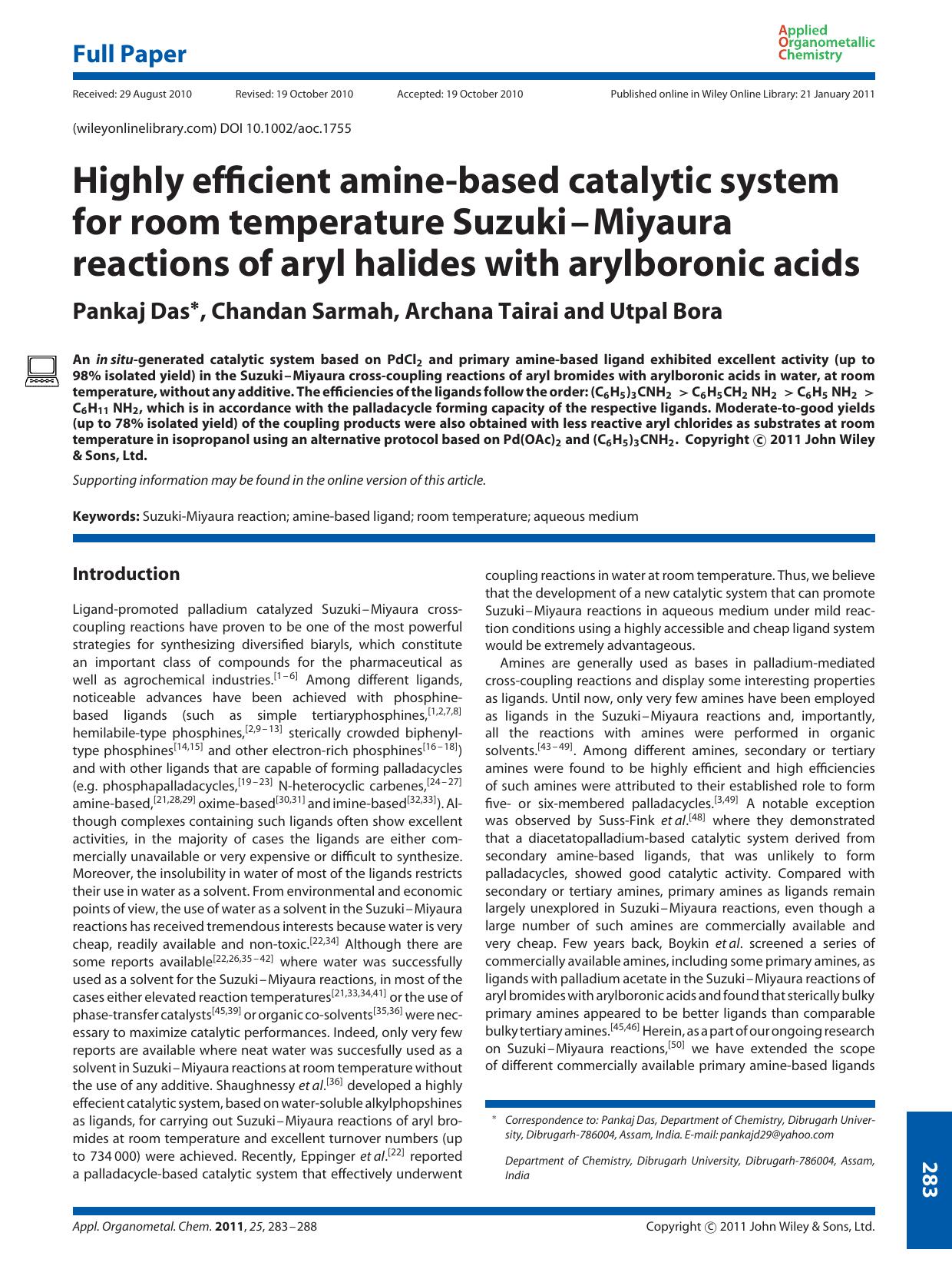 Highly efficient aminebased catalytic system for room temperature SuzukiMiyaura reactions of aryl halides with arylboronic acids by Unknown