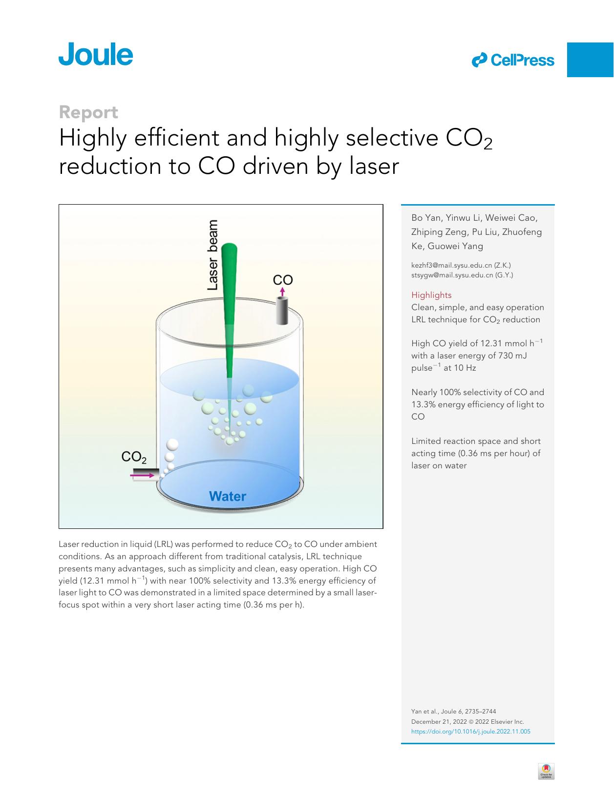 Highly efficient and highly selective CO2 reduction to CO driven by laser by Bo Yan & Yinwu Li & Weiwei Cao & Zhiping Zeng & Pu Liu & Zhuofeng Ke & Guowei Yang