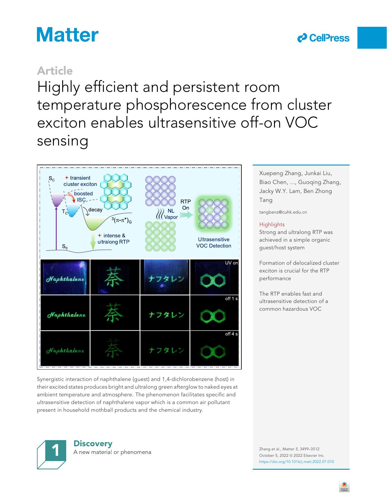 Highly efficient and persistent room temperature phosphorescence from cluster exciton enables ultrasensitive off-on VOC sensing by Xuepeng Zhang