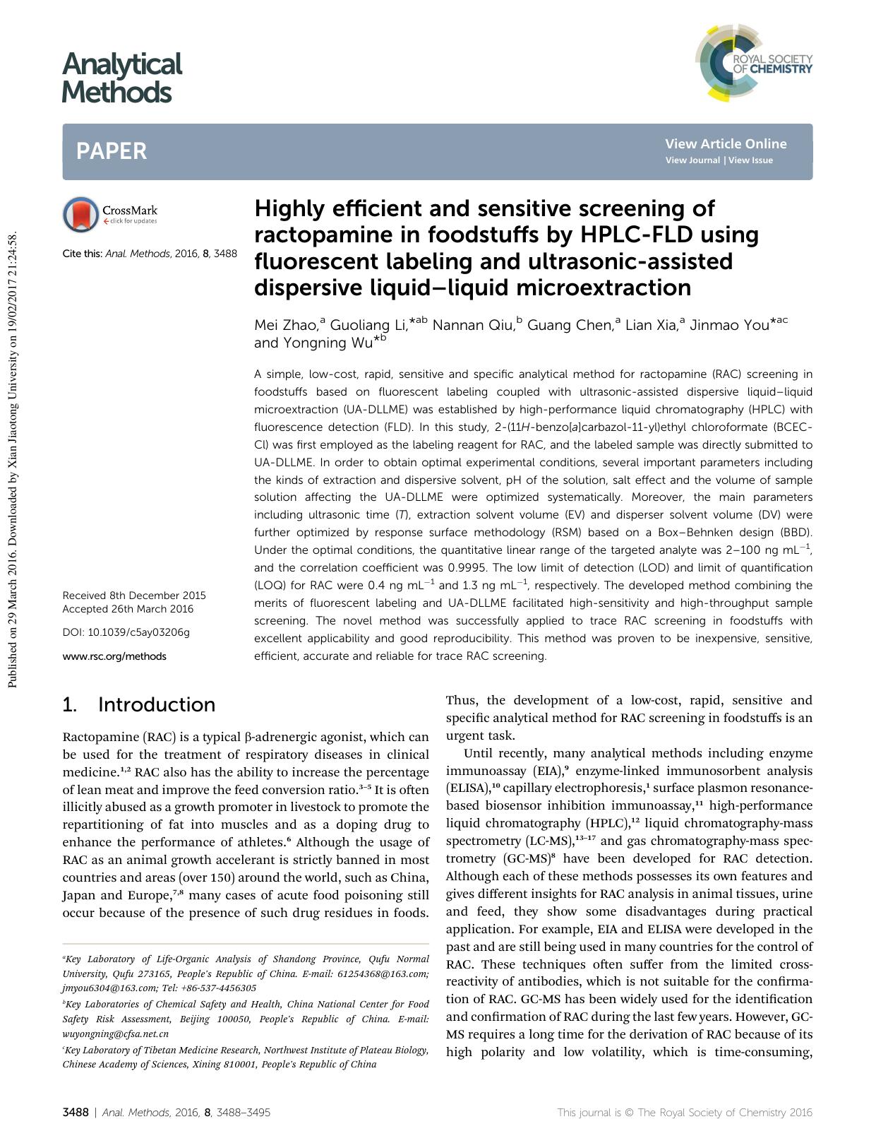 Highly efficient and sensitive screening of ractopamine in foodstuffs by HPLC-FLD using fluorescent labeling and ultrasonic-assisted dispersive liquidâliquid microextraction by Mei Zhao & Guoliang Li & Nannan Qiu & Guang Chen & Lian Xia & Jinmao You & Yongning Wu