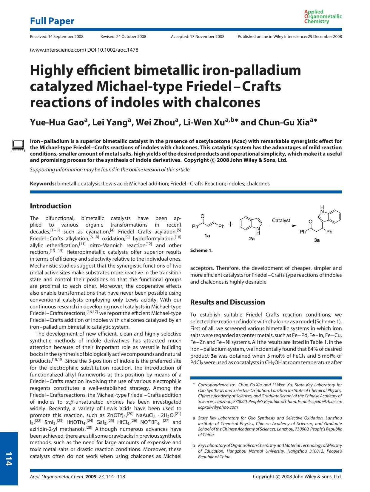 Highly efficient bimetallic iron-palladium catalyzed Michael-type Friedel-Crafts reactions of indoles with chalcones by Unknown