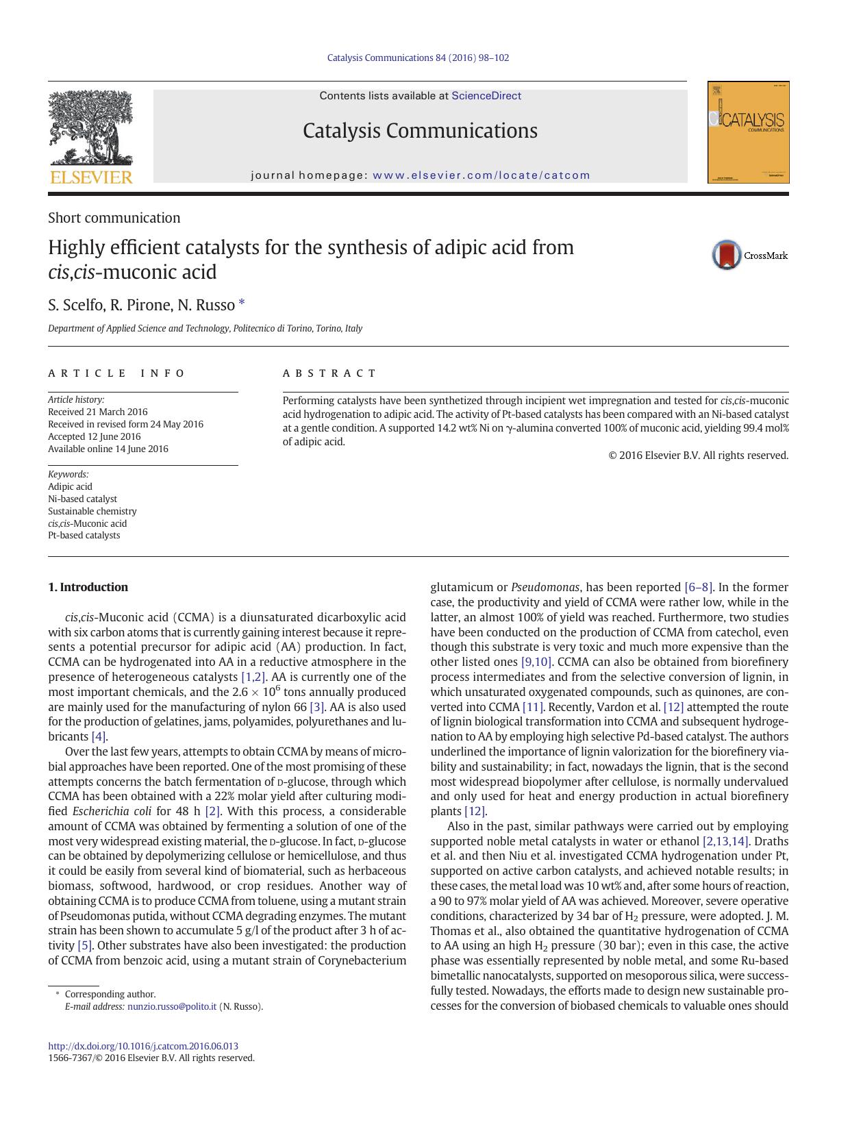 Highly efficient catalysts for the synthesis of adipic acid from cis,cis-muconic acid by S. Scelfo & R. Pirone & N. Russo