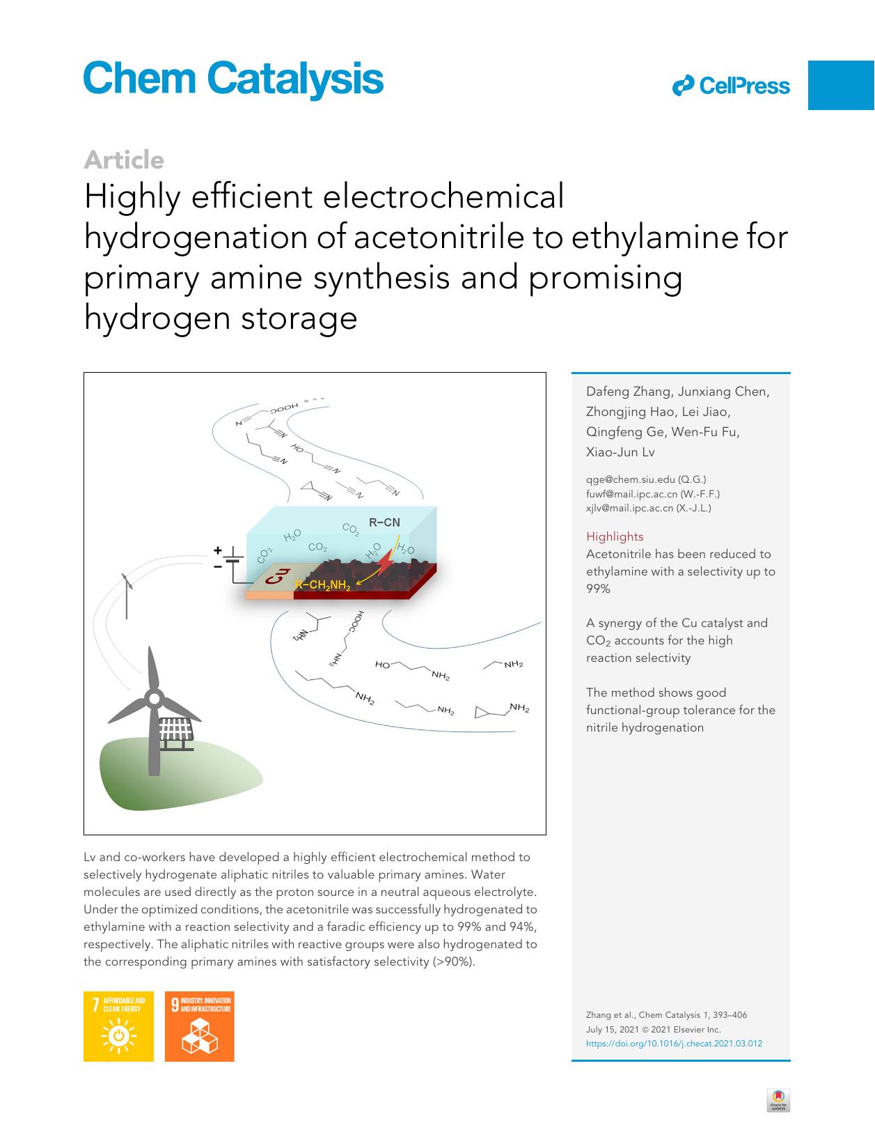 Highly efficient electrochemical hydrogenation of acetonitrile to ethylamine for primary amine synthesis and promising hydrogen storage by Dafeng Zhang & Junxiang Chen & Zhongjing Hao & Lei Jiao & Qingfeng Ge & Wen-Fu Fu & Xiao-Jun Lv