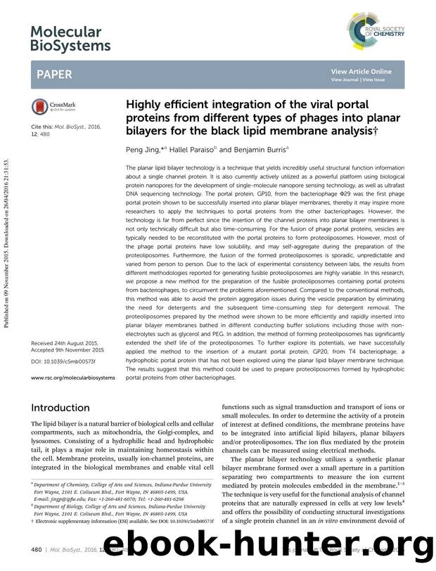 Highly efficient integration of the viral portal proteins from different types of phages into planar bilayers for the black lipid membrane analysis by Peng Jing & Hallel Paraiso & Benjamin Burris