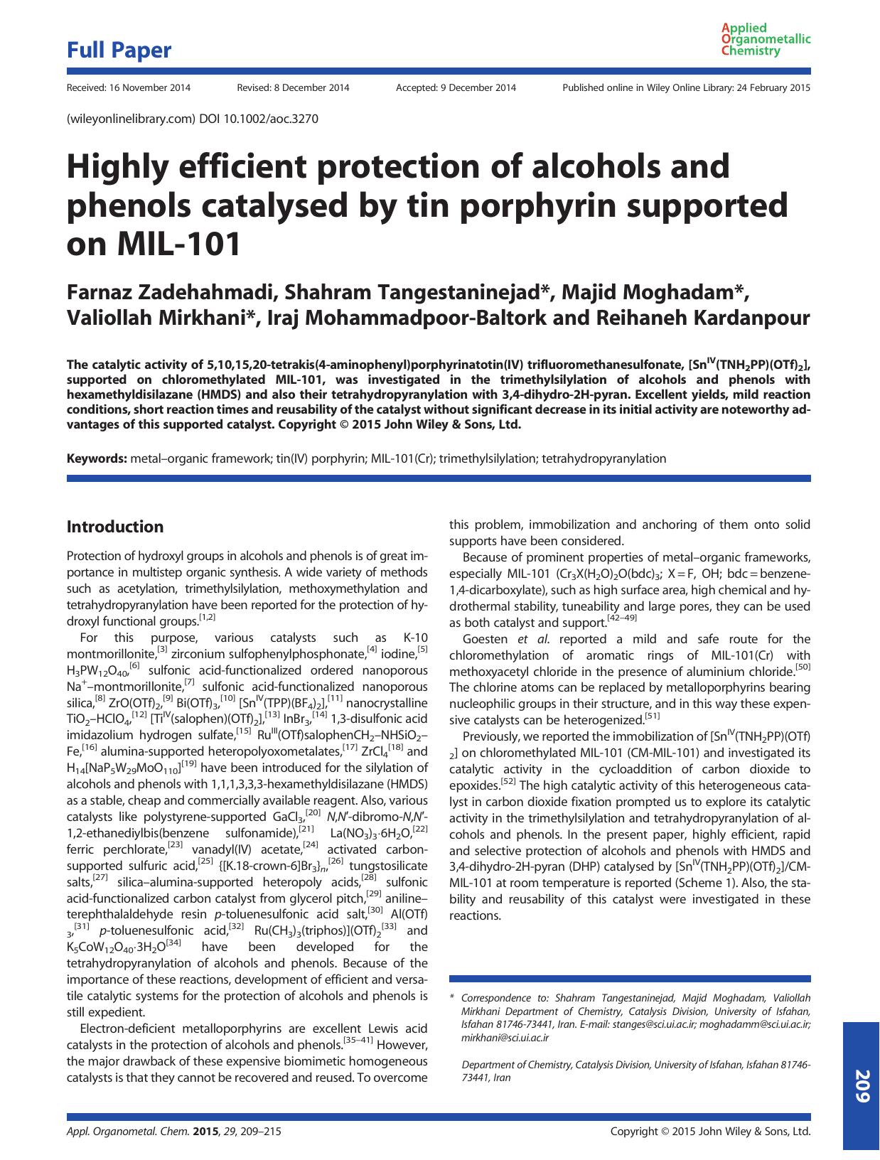 Highly efficient protection of alcohols and phenols catalysed by tin porphyrin supported on MIL-101 by unknow