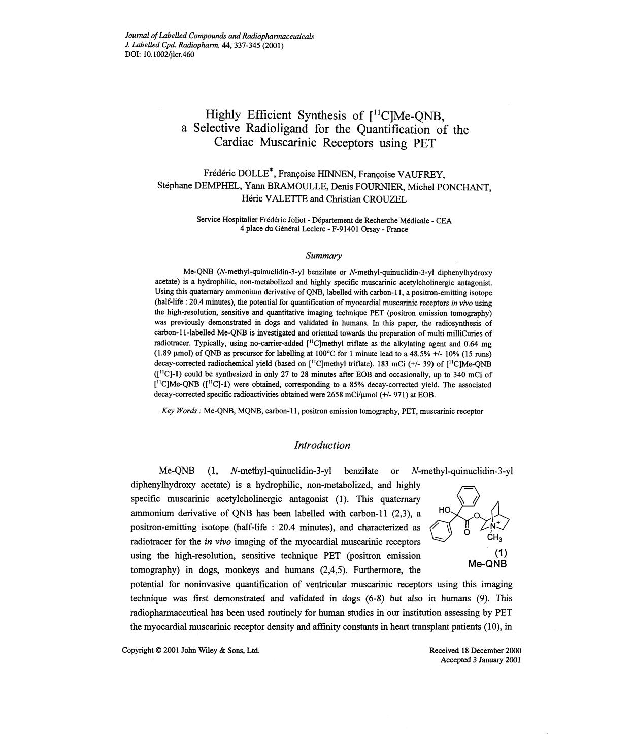 Highly efficient synthesis of [11C]Me-QNB, a selective radioligand for the quantification of the cardiac muscarinic receptors using PET by Unknown