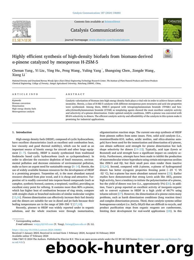 Highly efficient synthesis of high-density biofuels from biomass-derived Î±-pinene catalyzed by mesoporous H-ZSM-5 by Chenan Yang & Yi Liu & Ying Hu & Peng Wang & Yuling Yang & Shangxing Chen & Zongde Wang & Xiang Li