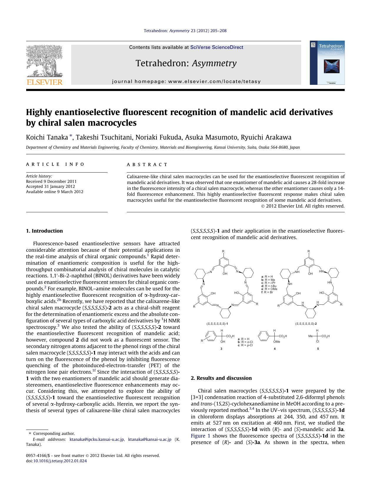 Highly enantioselective fluorescent recognition of mandelic acid derivatives by chiral salen macrocycles by Koichi Tanaka & Takeshi Tsuchitani & Noriaki Fukuda & Asuka Masumoto & Ryuichi Arakawa