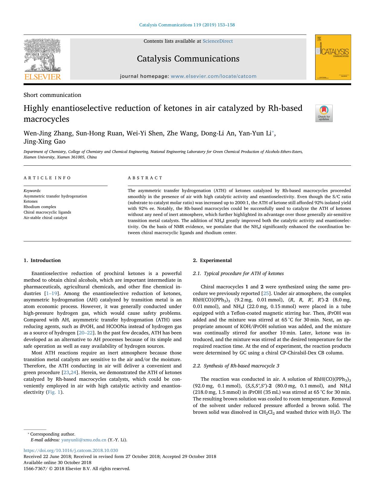 Highly enantioselective reduction of ketones in air catalyzed by Rh-based macrocycles by Wen-Jing Zhang & Sun-Hong Ruan & Wei-Yi Shen & Zhe Wang & Dong-Li An & Yan-Yun Li & Jing-Xing Gao
