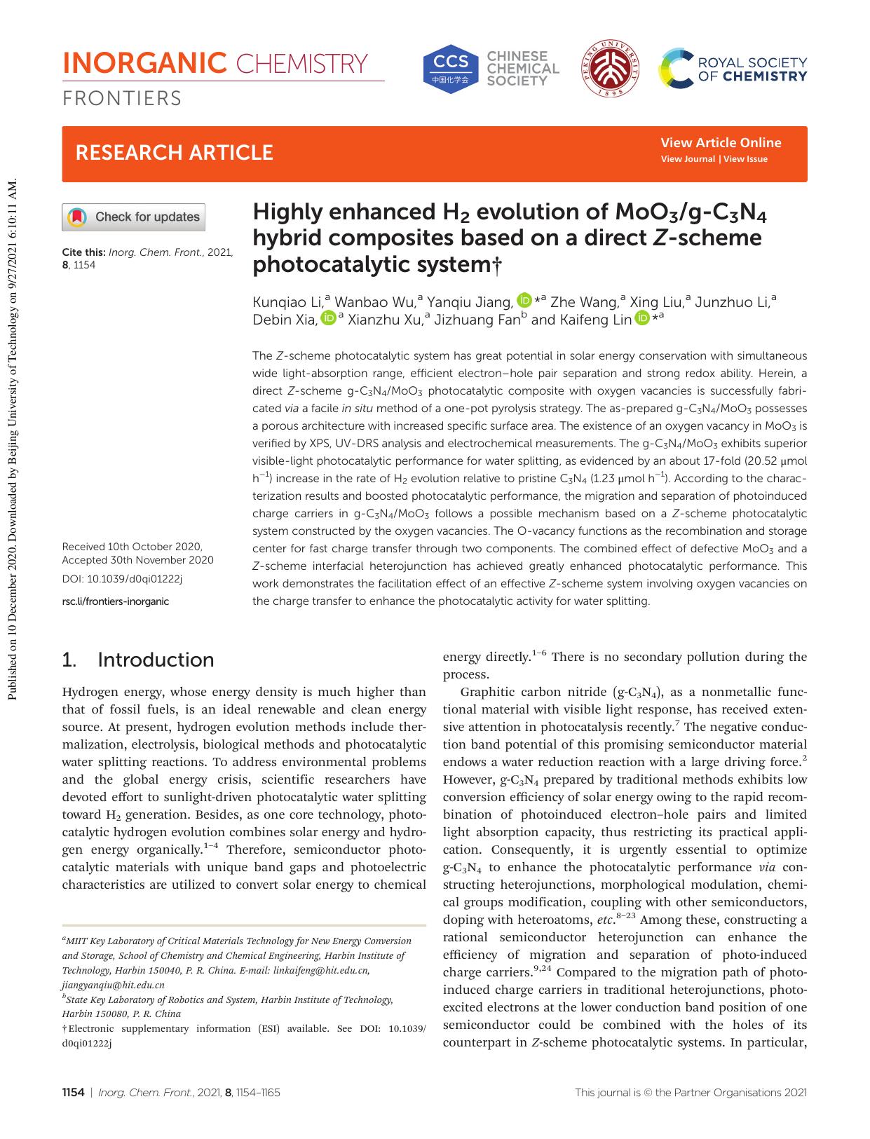 Highly enhanced H2 evolution of MoO3g-C3N4 hybrid composites based on a direct Z-scheme photocatalytic system by unknow
