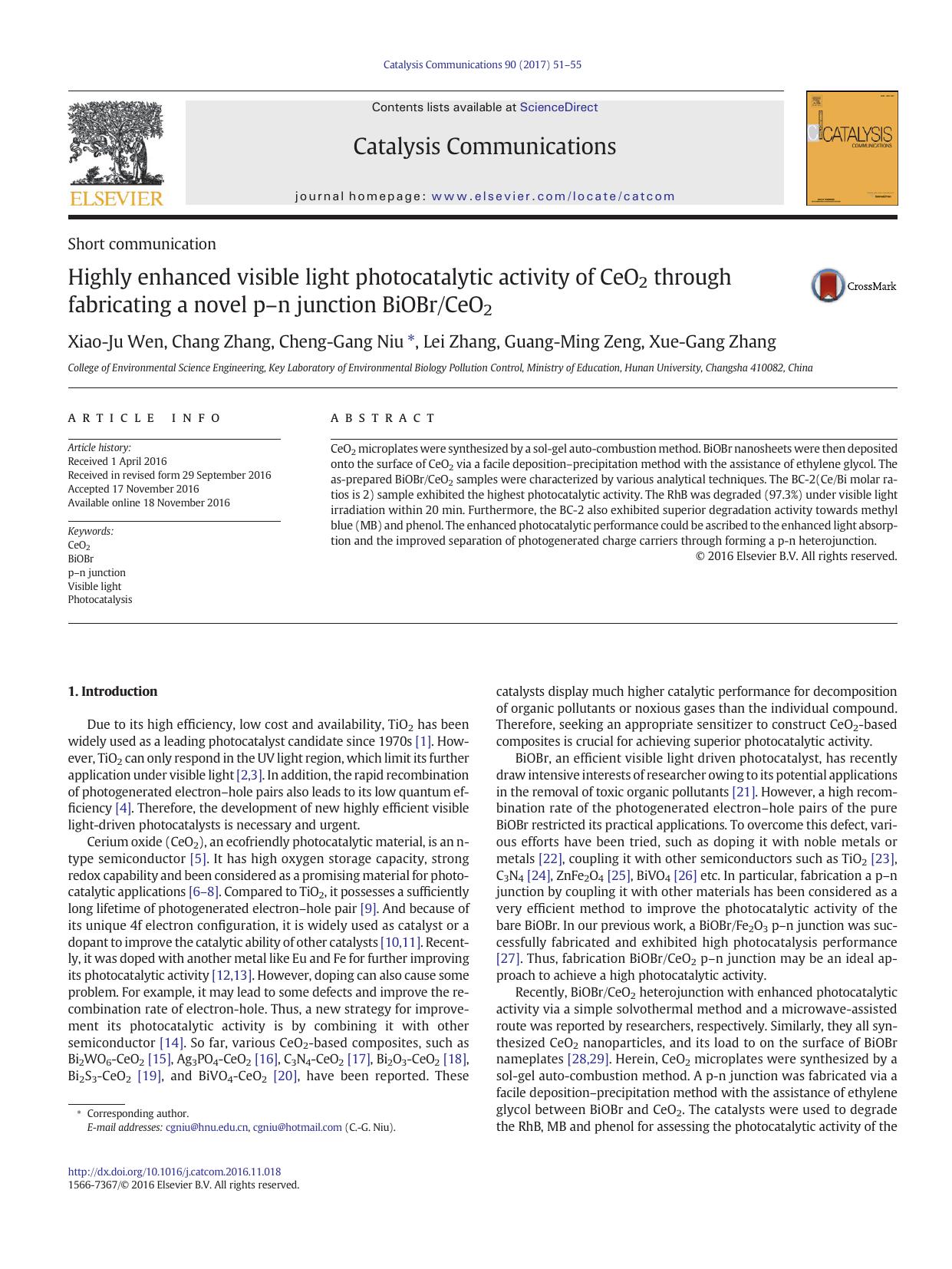 Highly enhanced visible light photocatalytic activity of CeO2 through fabricating a novel pân junction BiOBrCeO2 by Xiao-Ju Wen & Chang Zhang & Cheng-Gang Niu & Lei Zhang & Guang-Ming Zeng & Xue-Gang Zhang