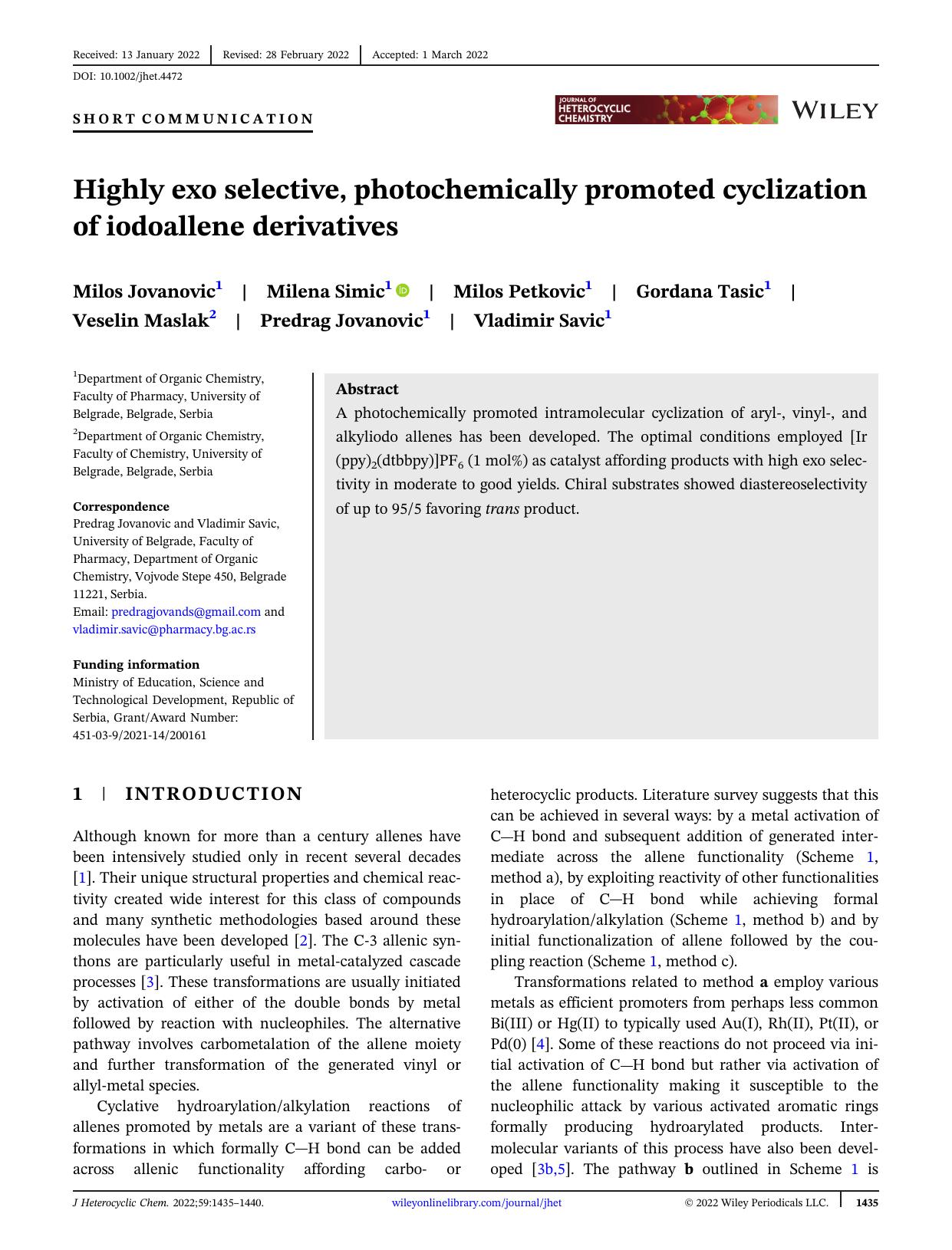Highly exo selective, photochemically promoted cyclization of iodoallene derivatives by Unknown