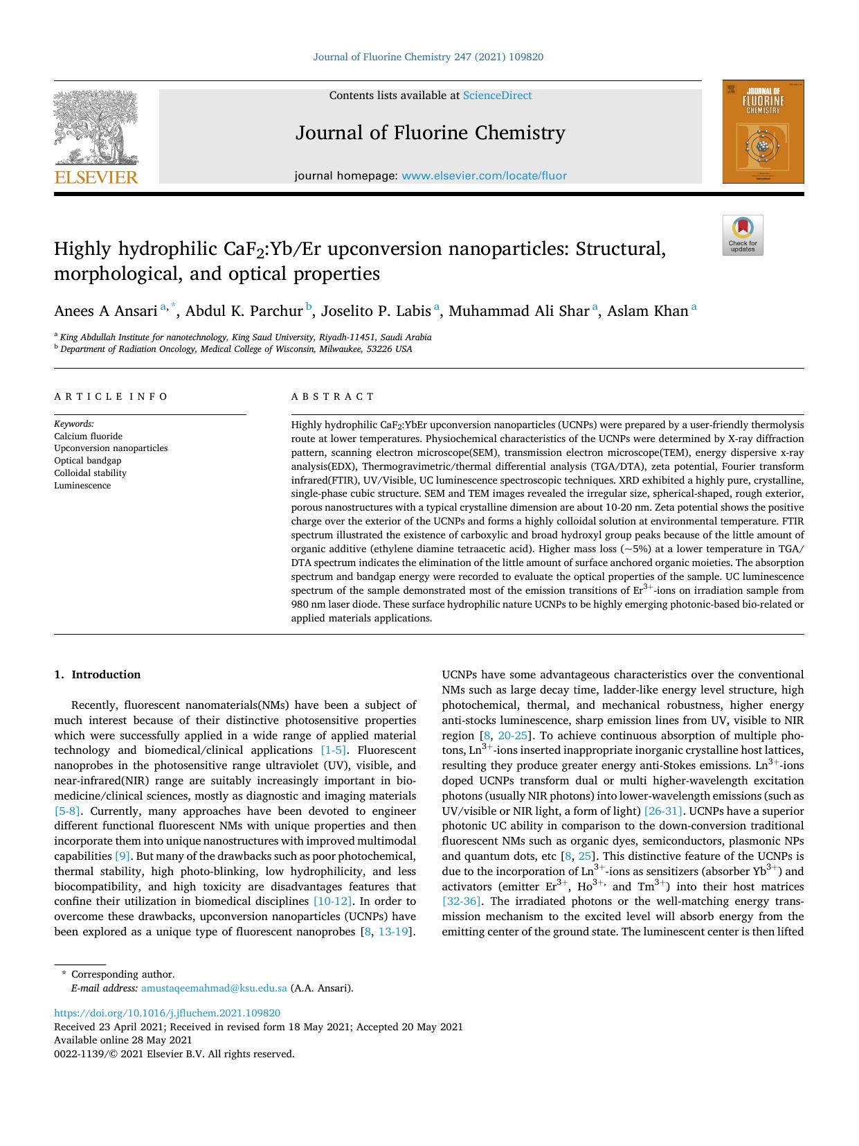 Highly hydrophilic CaF2:YbEr upconversion nanoparticles: Structural, morphological, and optical properties by Anees A Ansari & Abdul K. Parchur & Joselito P. Labis & Muhammad Ali Shar & Aslam Khan