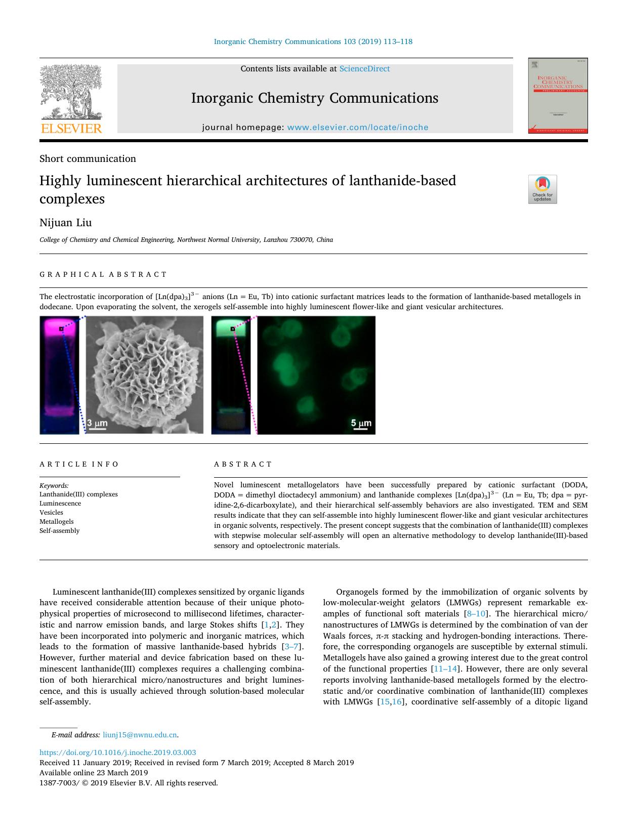 Highly luminescent hierarchical architectures of lanthanide-based complexes by Nijuan Liu